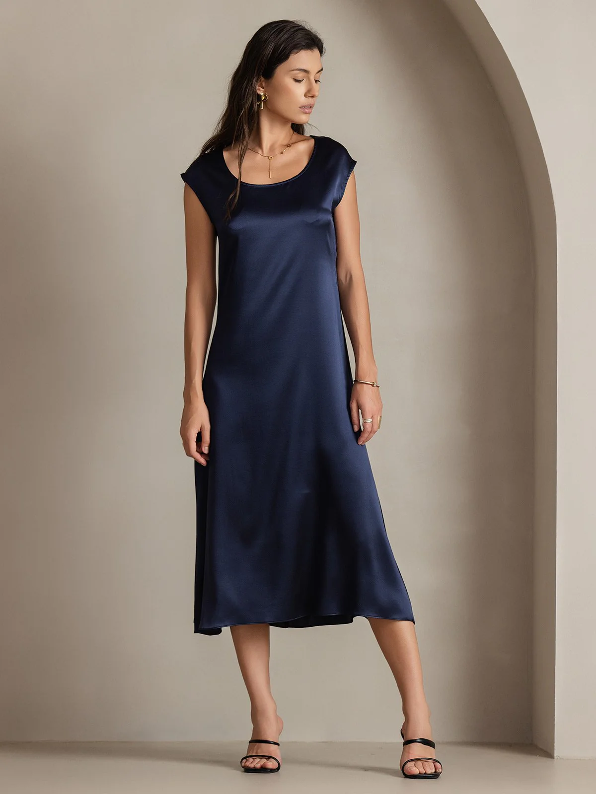 19Momme Silk Cap Sleeve Round Neck Midi Dress - Image 46