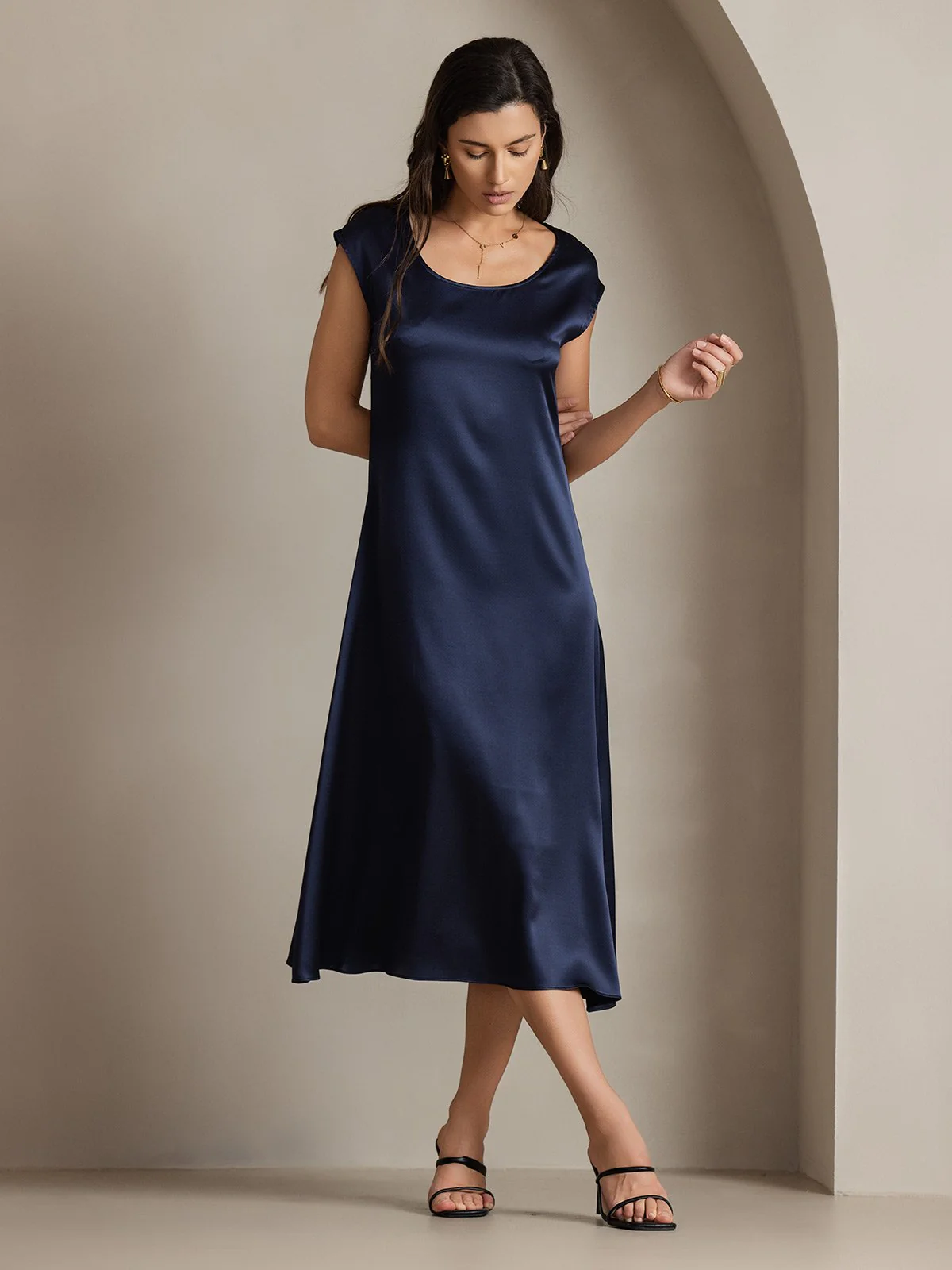 19Momme Silk Cap Sleeve Round Neck Midi Dress - Image 47