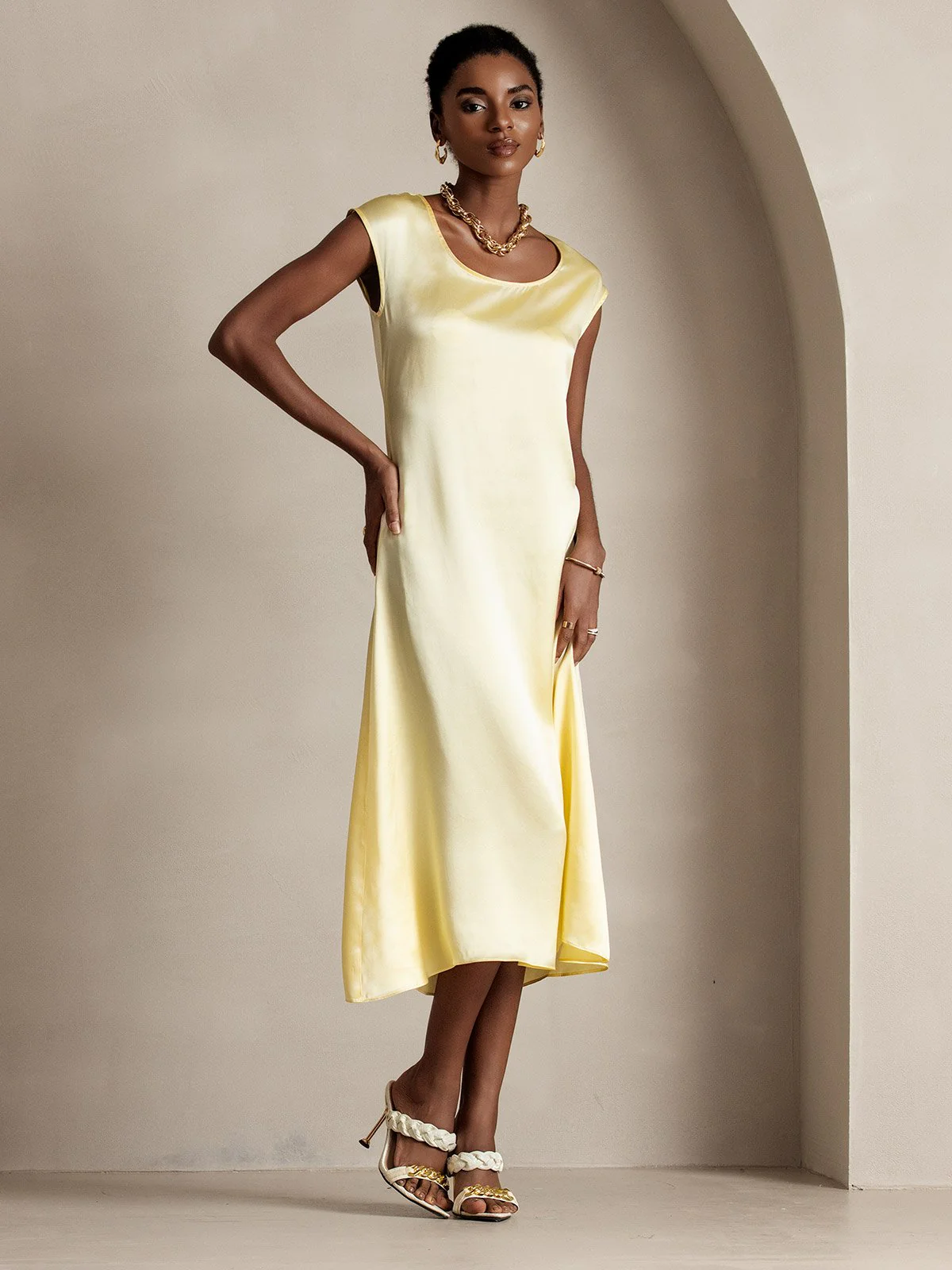 19Momme Silk Cap Sleeve Round Neck Midi Dress - Image 50