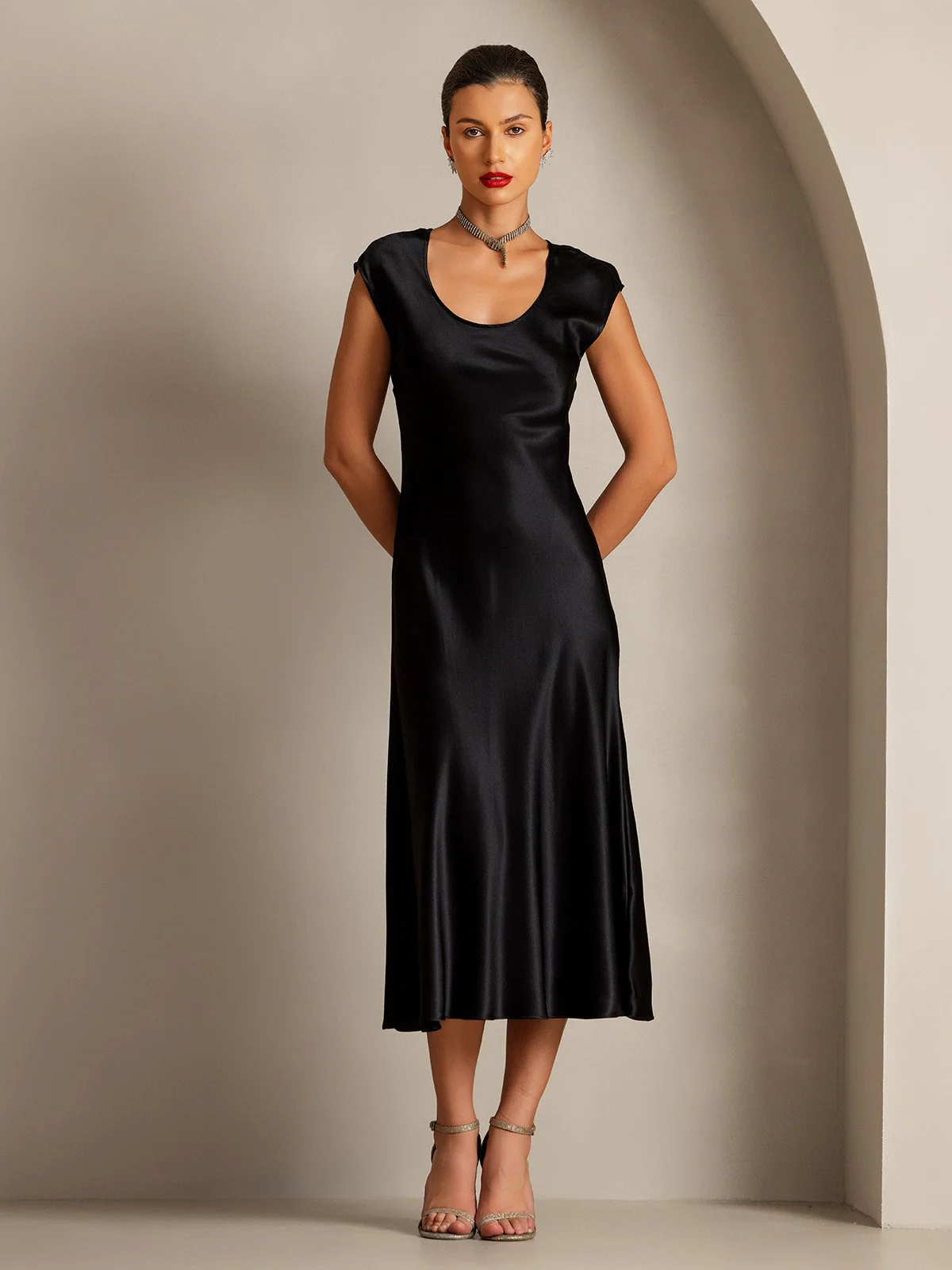 19Momme Silk Cap Sleeve Round Neck Midi Dress - Image 8