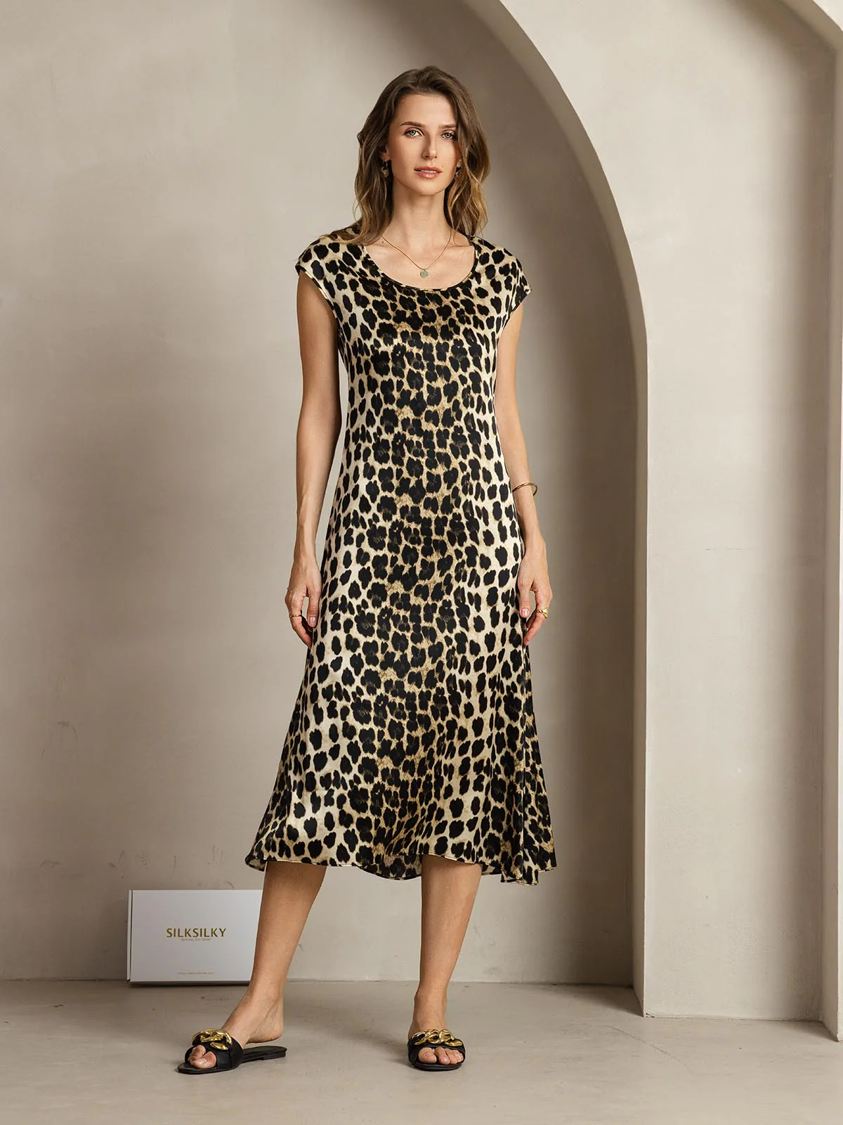 Clearance(Ships to UK Only) - 19Momme Silk Leopard Print Cap Sleeve Midi Dress - Image 3