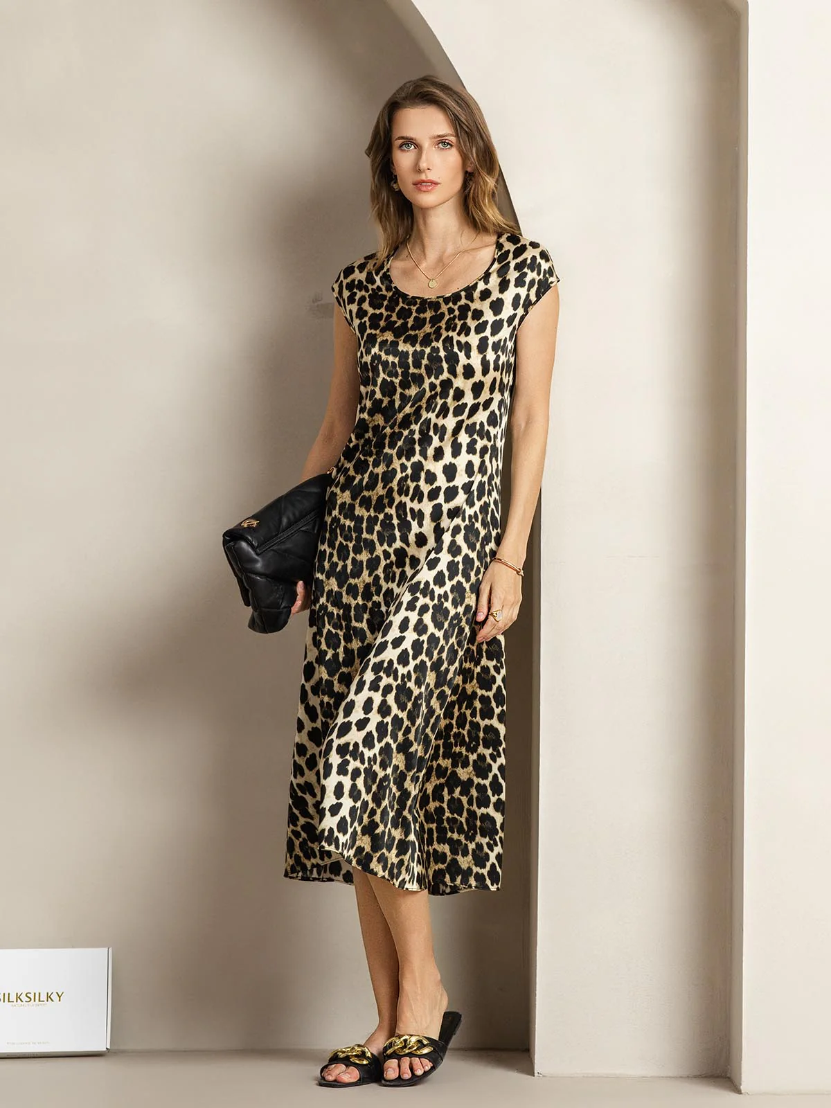 Clearance(Ships to UK Only) - 19Momme Silk Leopard Print Cap Sleeve Midi Dress - Image 6