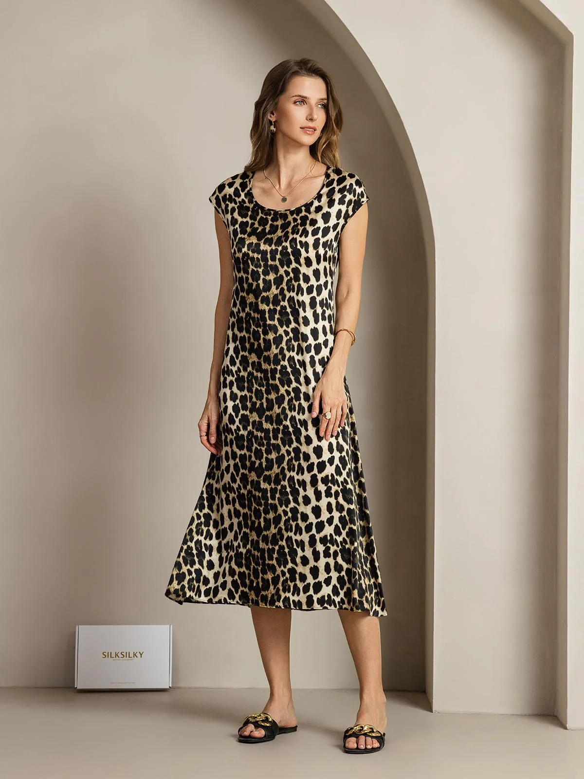 Clearance(Ships to UK Only) - 19Momme Silk Leopard Print Cap Sleeve Midi Dress - Image 8