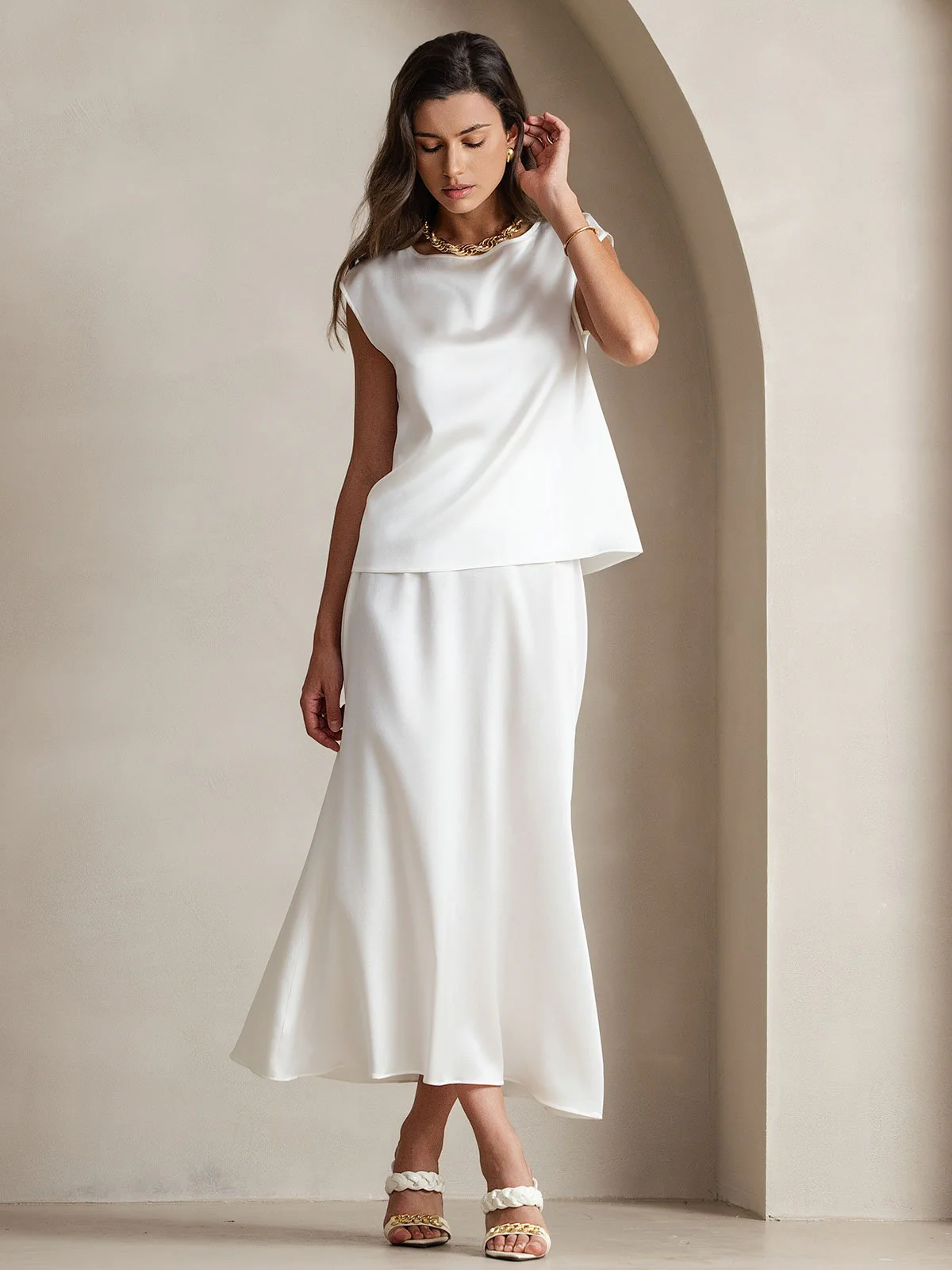 19Momme Silk Cap Sleeve Round Neck Women's Top - Image 19