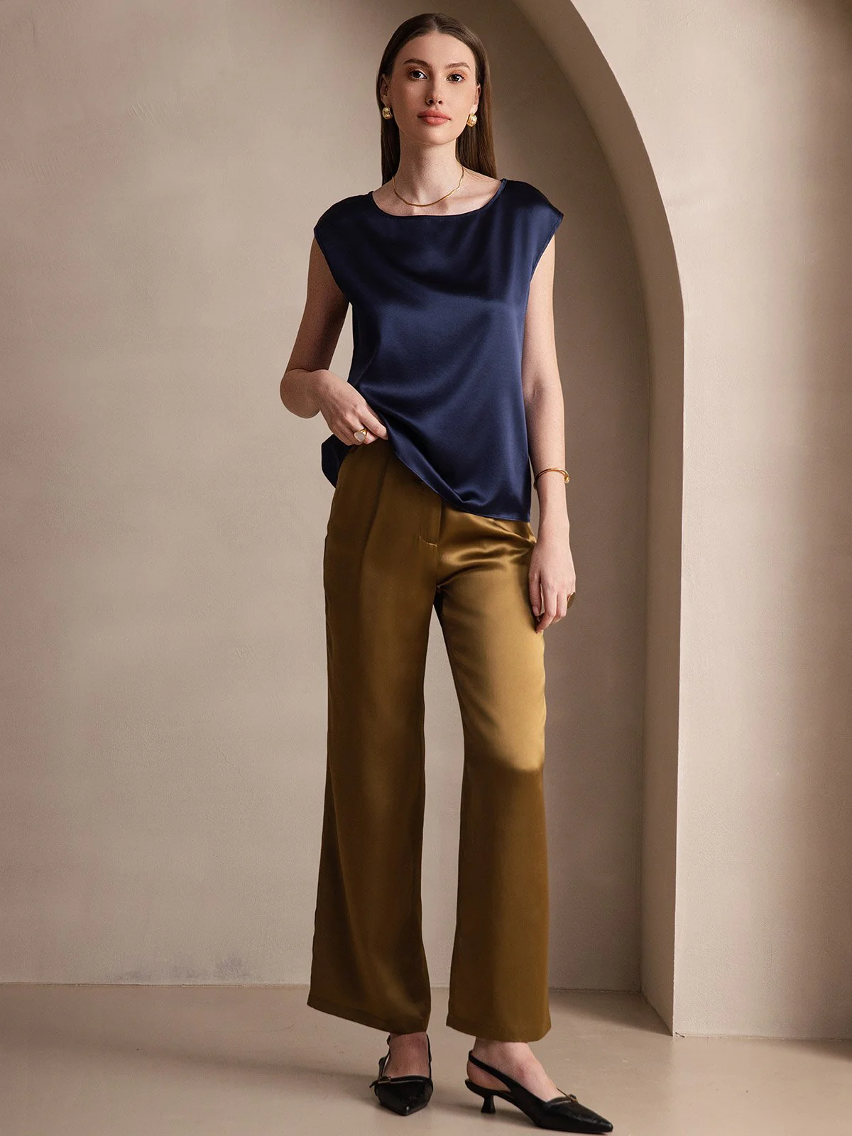 19Momme Silk Cap Sleeve Round Neck Women's Top - Image 34