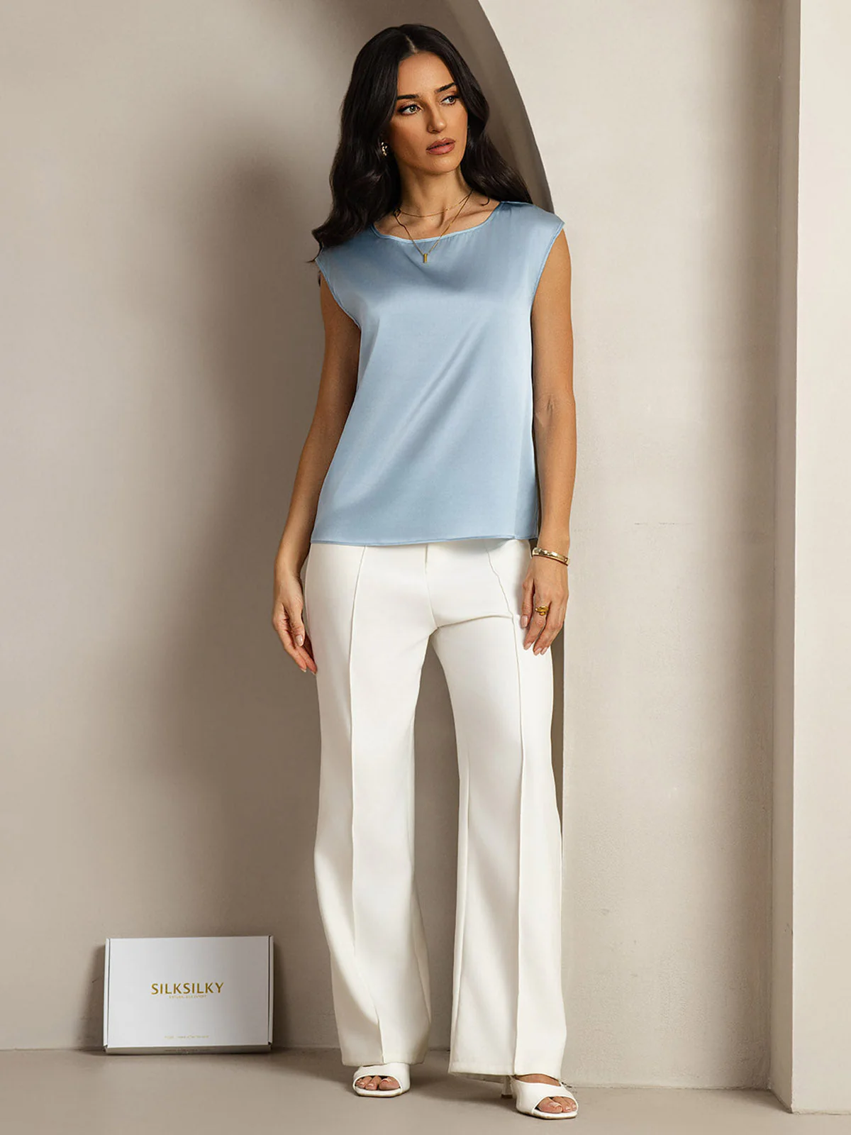 19Momme Silk Cap Sleeve Round Neck Women's Top - Image 43