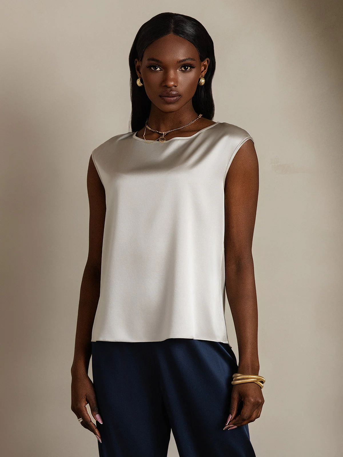 19Momme Silk Cap Sleeve Round Neck Women's Top - Image 46