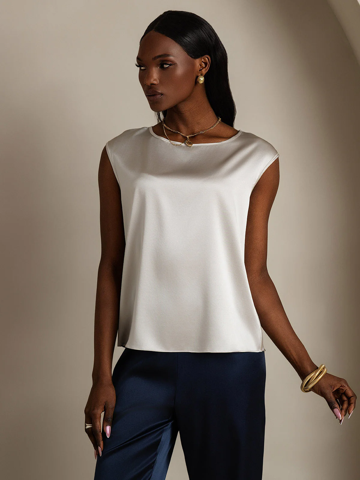 19Momme Silk Cap Sleeve Round Neck Women's Top - Image 49