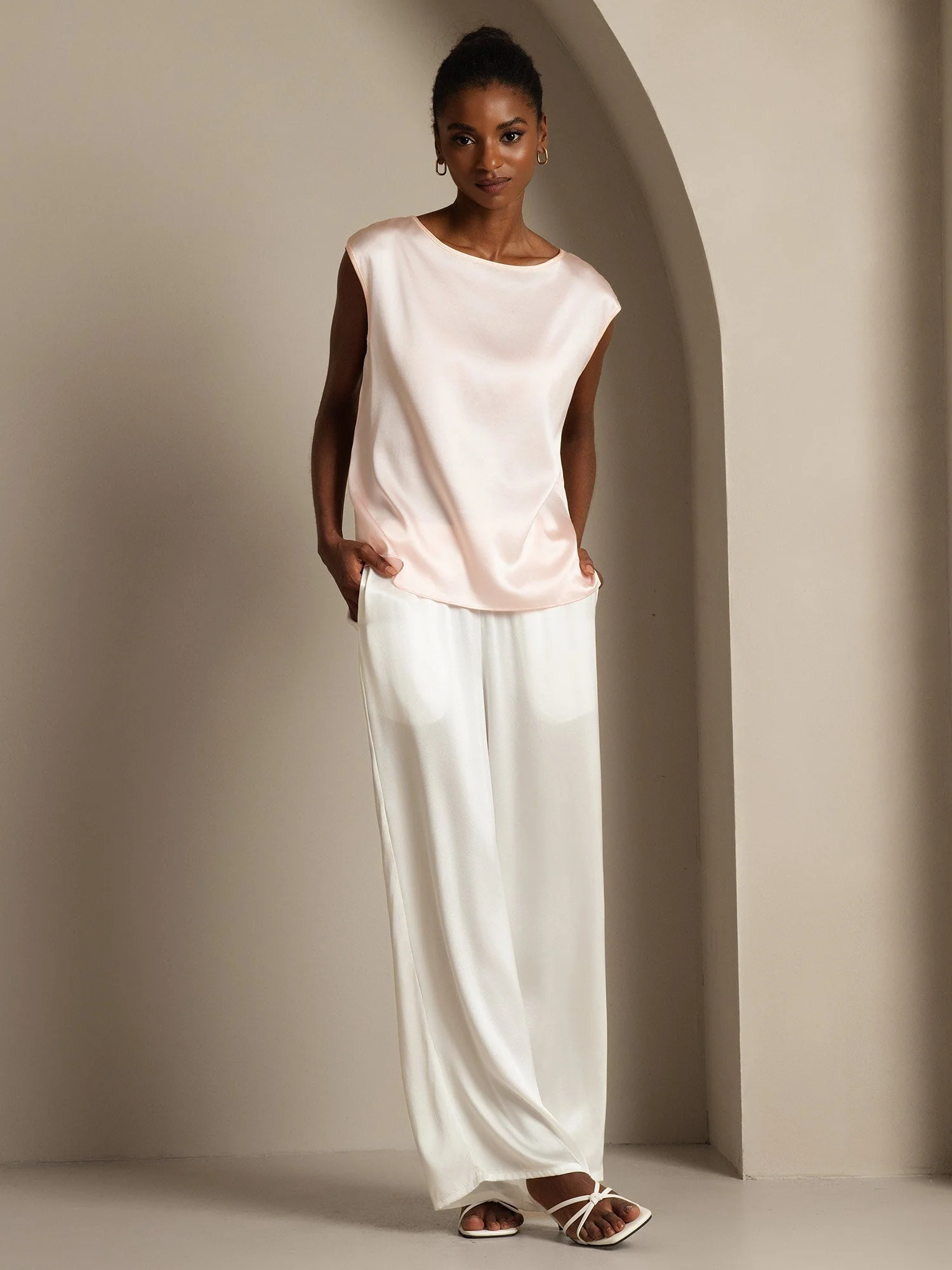 19Momme Silk Cap Sleeve Round Neck Women's Top - Image 56
