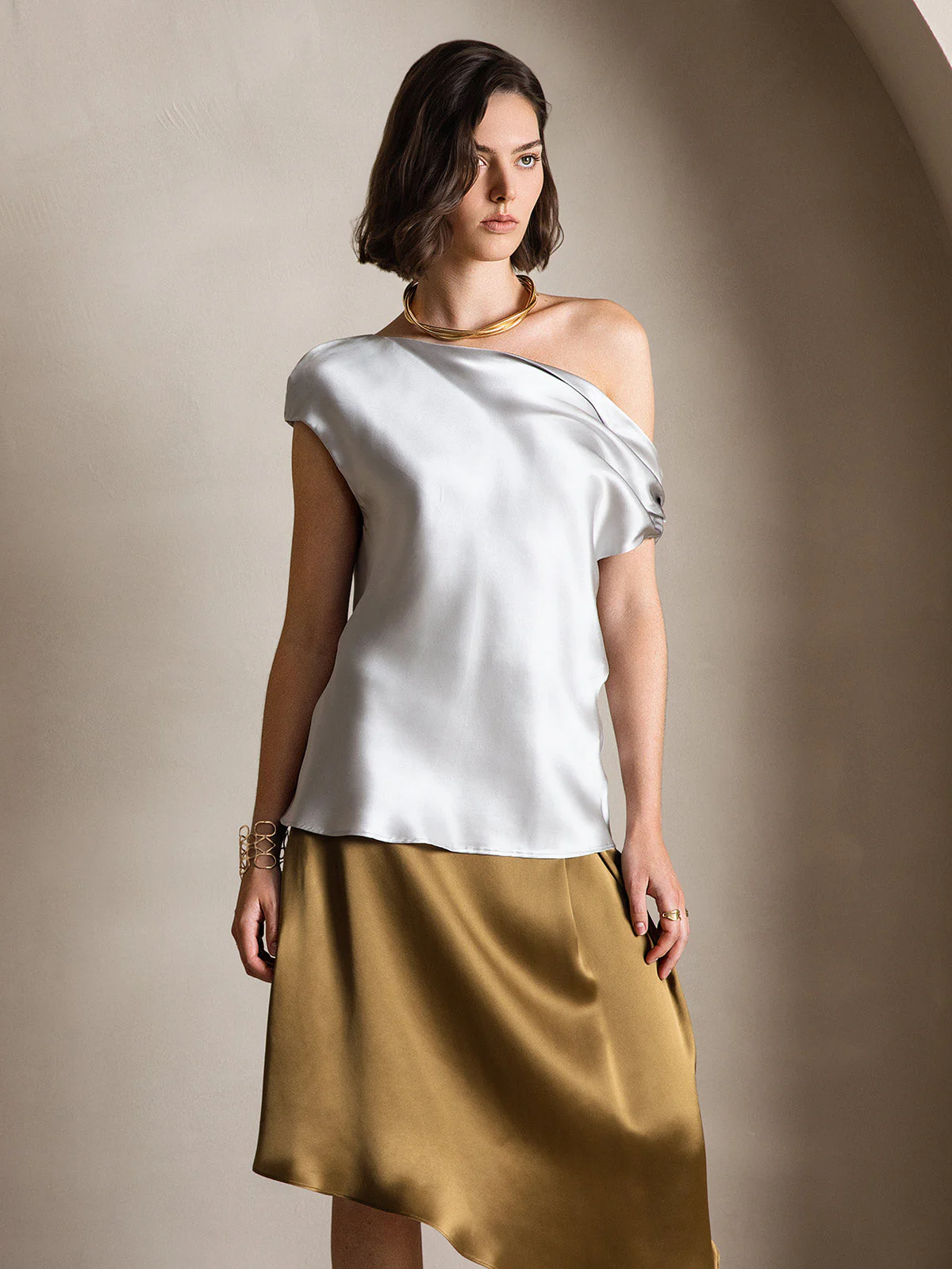Clearance(Ships to UK Only) - 19Momme Silk Women's Cap Sleeve One Shoulder Top - Image 10