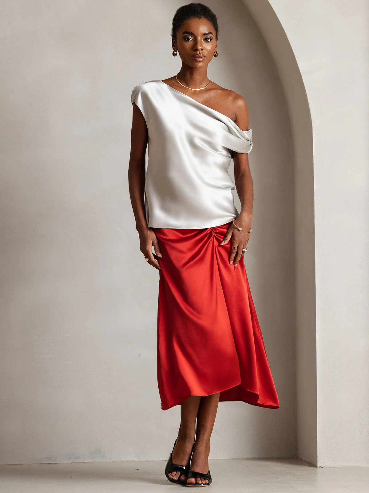 Clearance(Ships to UK Only) - 19Momme Silk Women's Cap Sleeve One Shoulder Top - Image 15