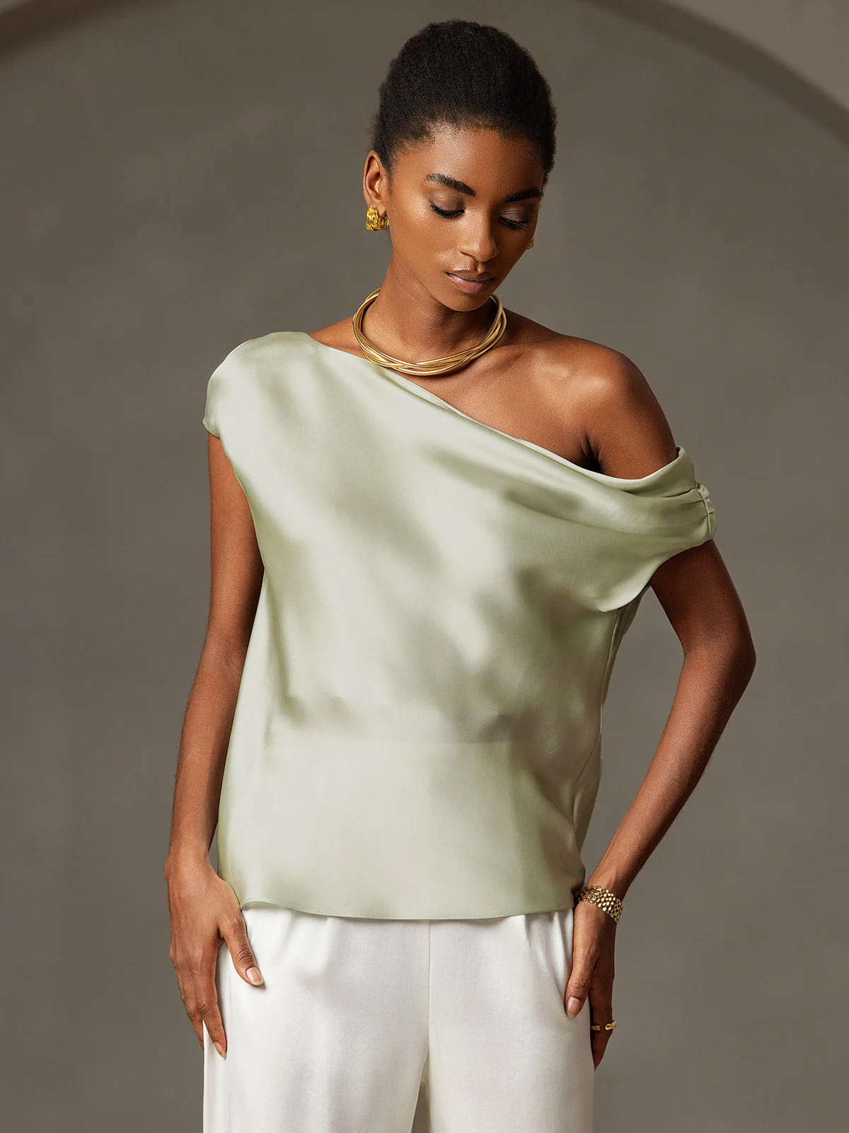 Clearance(Ships to UK Only) - 19Momme Silk Women's Cap Sleeve One Shoulder Top - Image 3