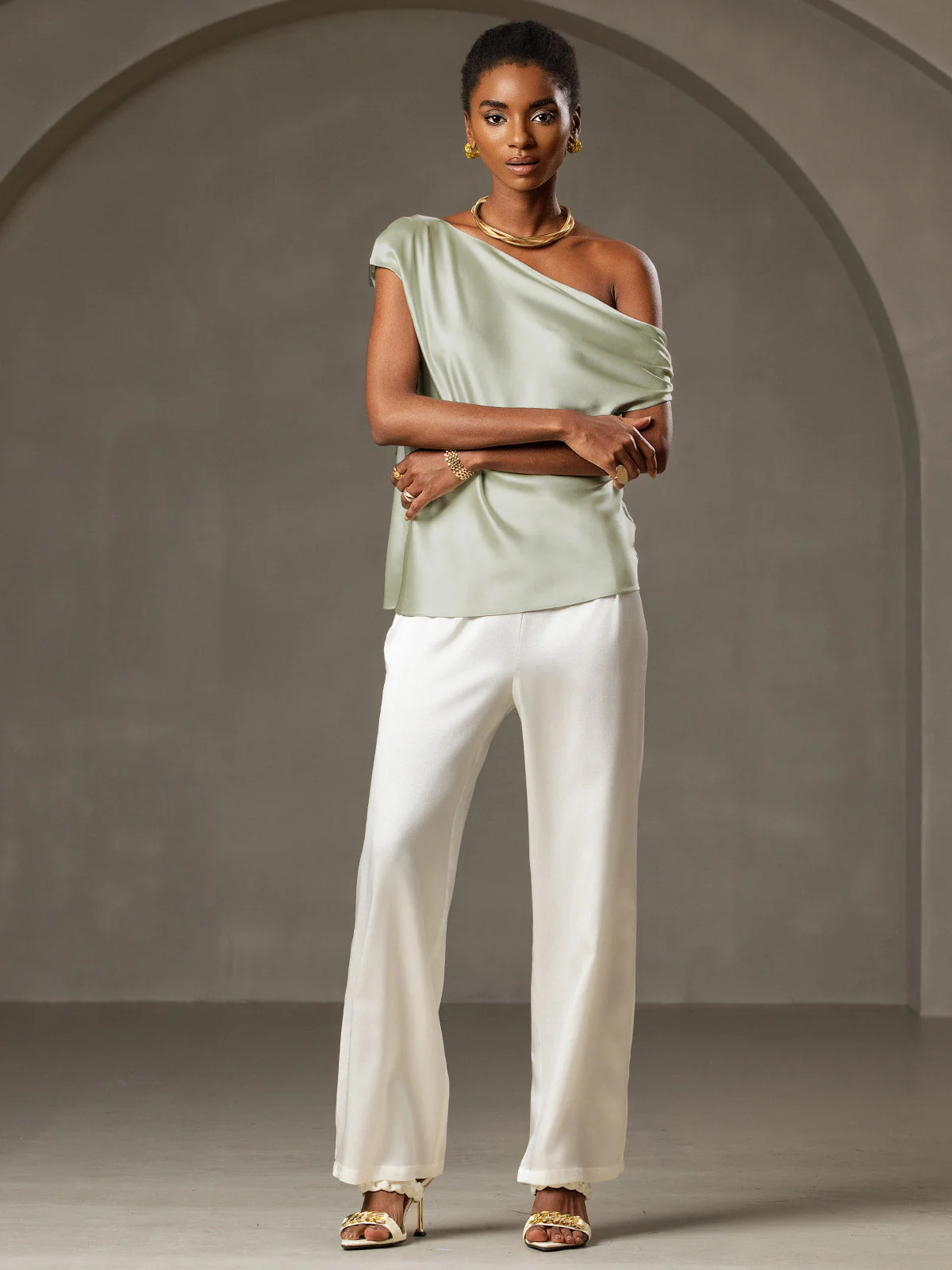 Clearance(Ships to UK Only) - 19Momme Silk Women's Cap Sleeve One Shoulder Top - Image 5