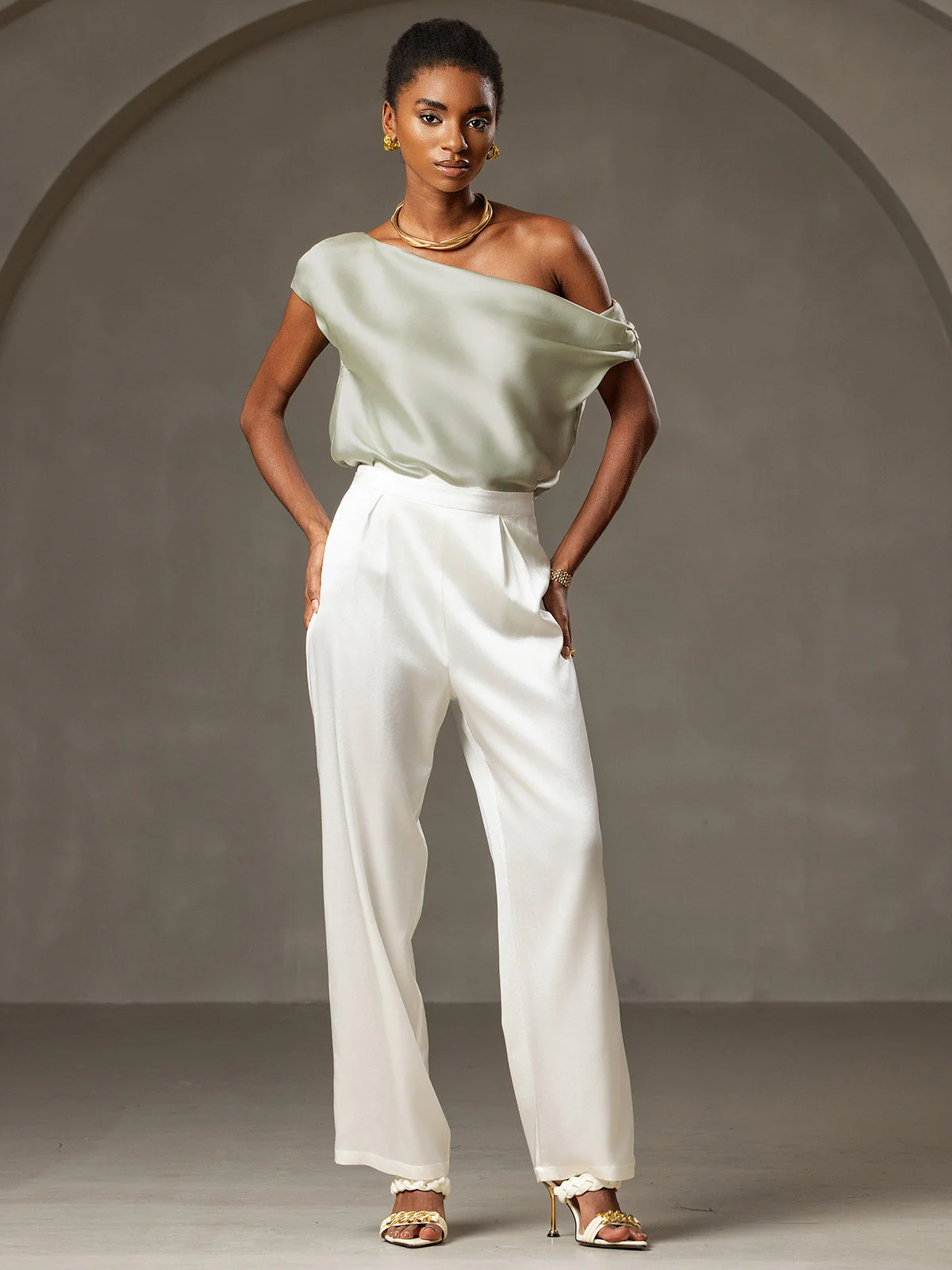 Clearance(Ships to UK Only) - 19Momme Silk Women's Cap Sleeve One Shoulder Top - Image 7