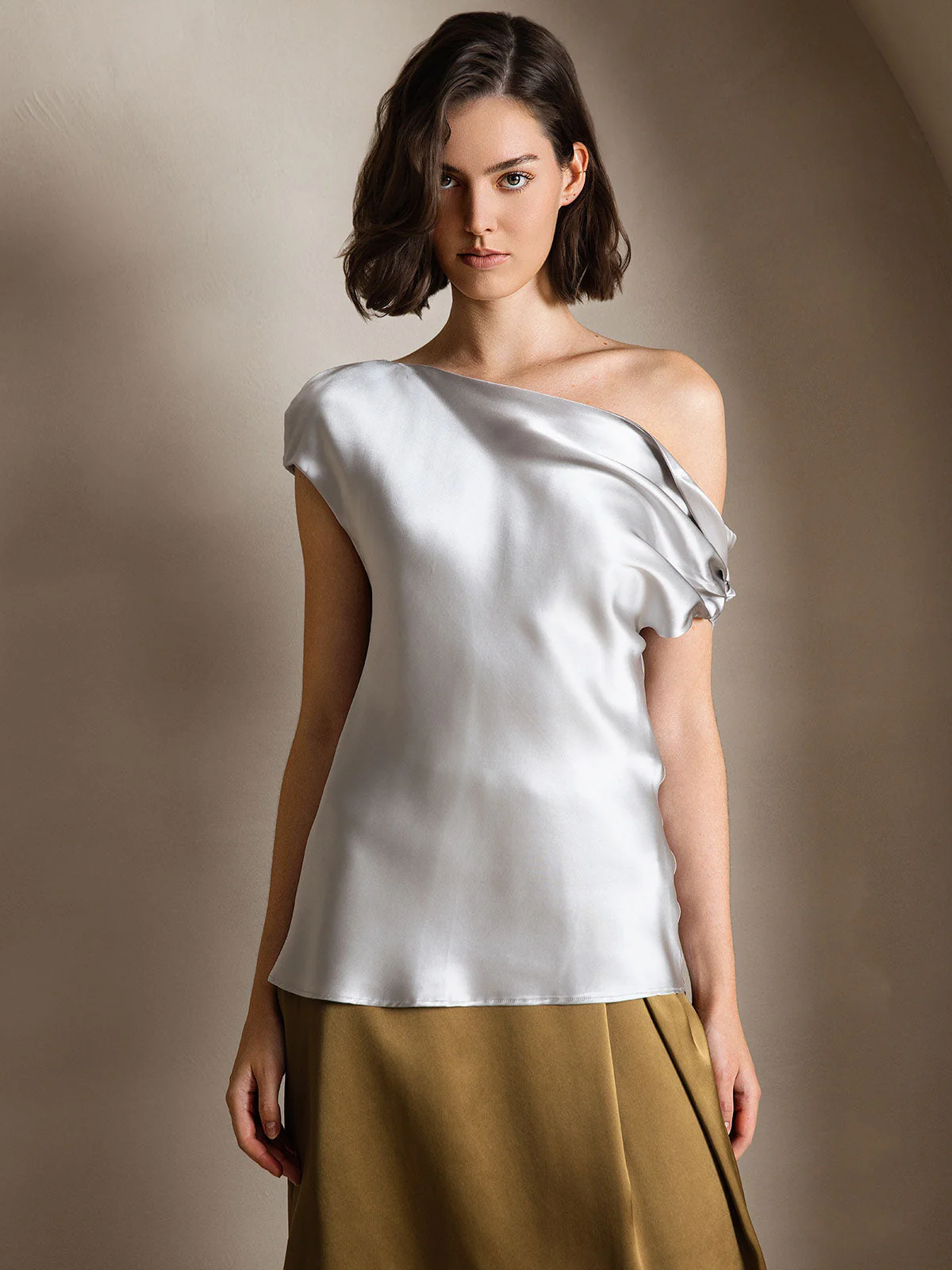 Clearance(Ships to UK Only) - 19Momme Silk Women's Cap Sleeve One Shoulder Top - Image 8