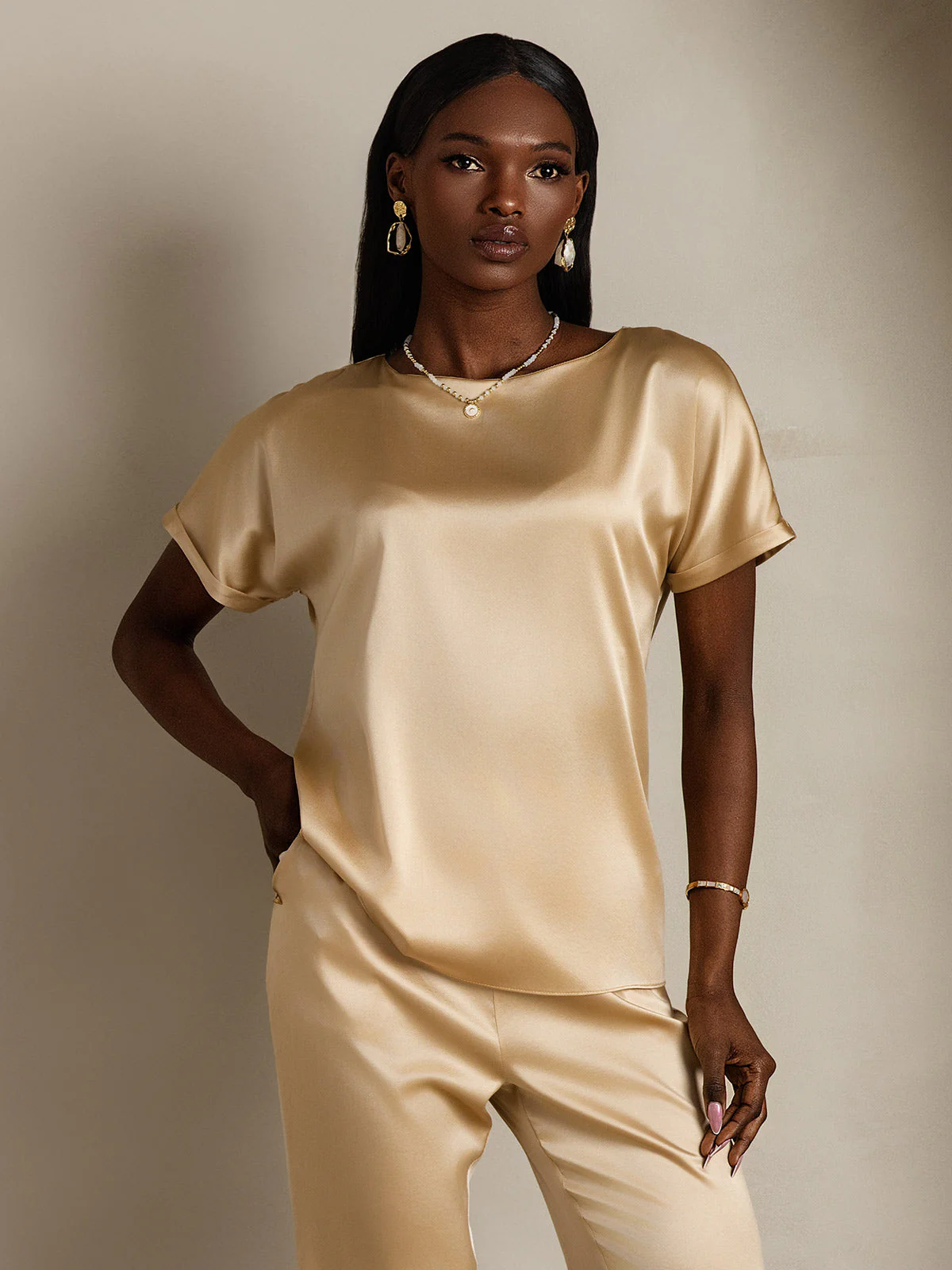 19Momme Silk Short Sleeve Boat Neck Women's T-Shirt - Image 25