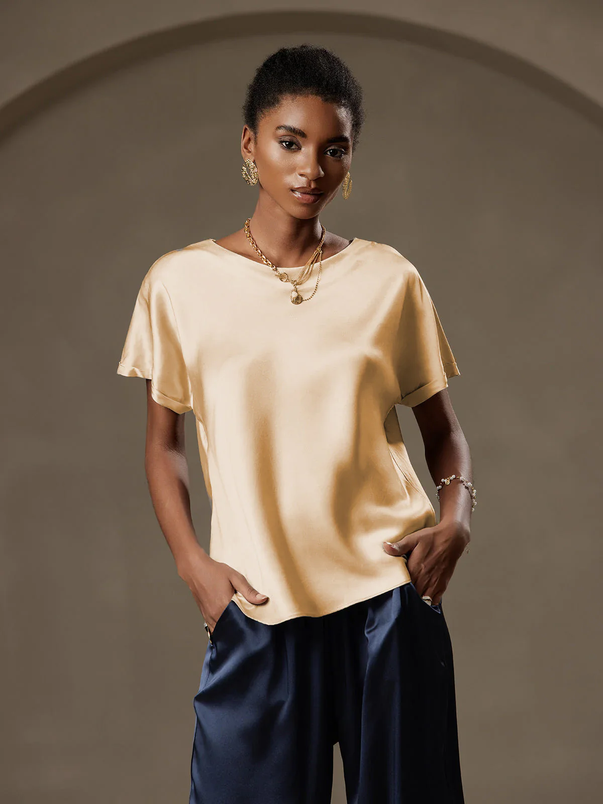 19Momme Silk Short Sleeve Boat Neck Women's T-Shirt - Image 30