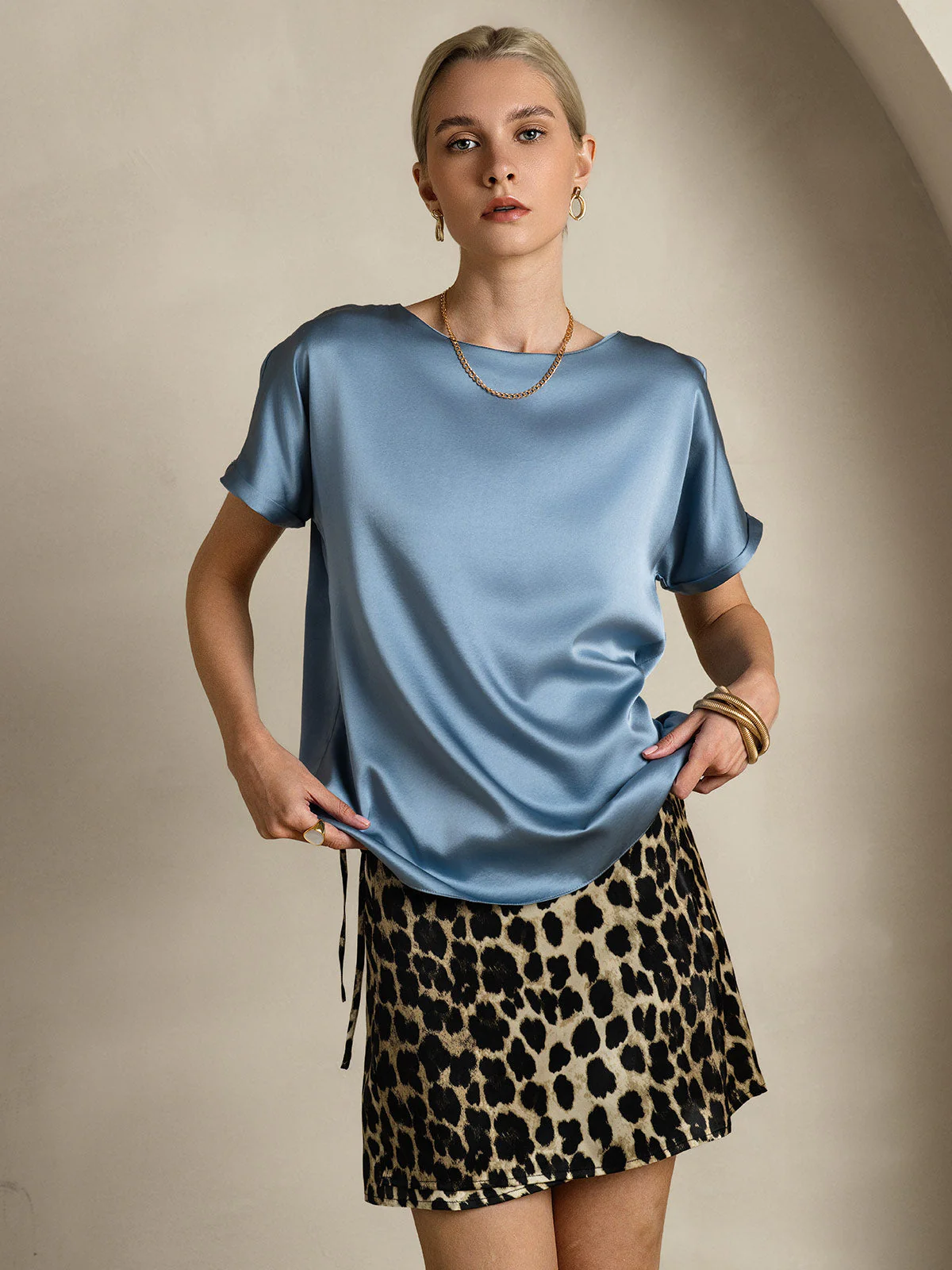 19Momme Silk Short Sleeve Boat Neck Women's T-Shirt - Image 36