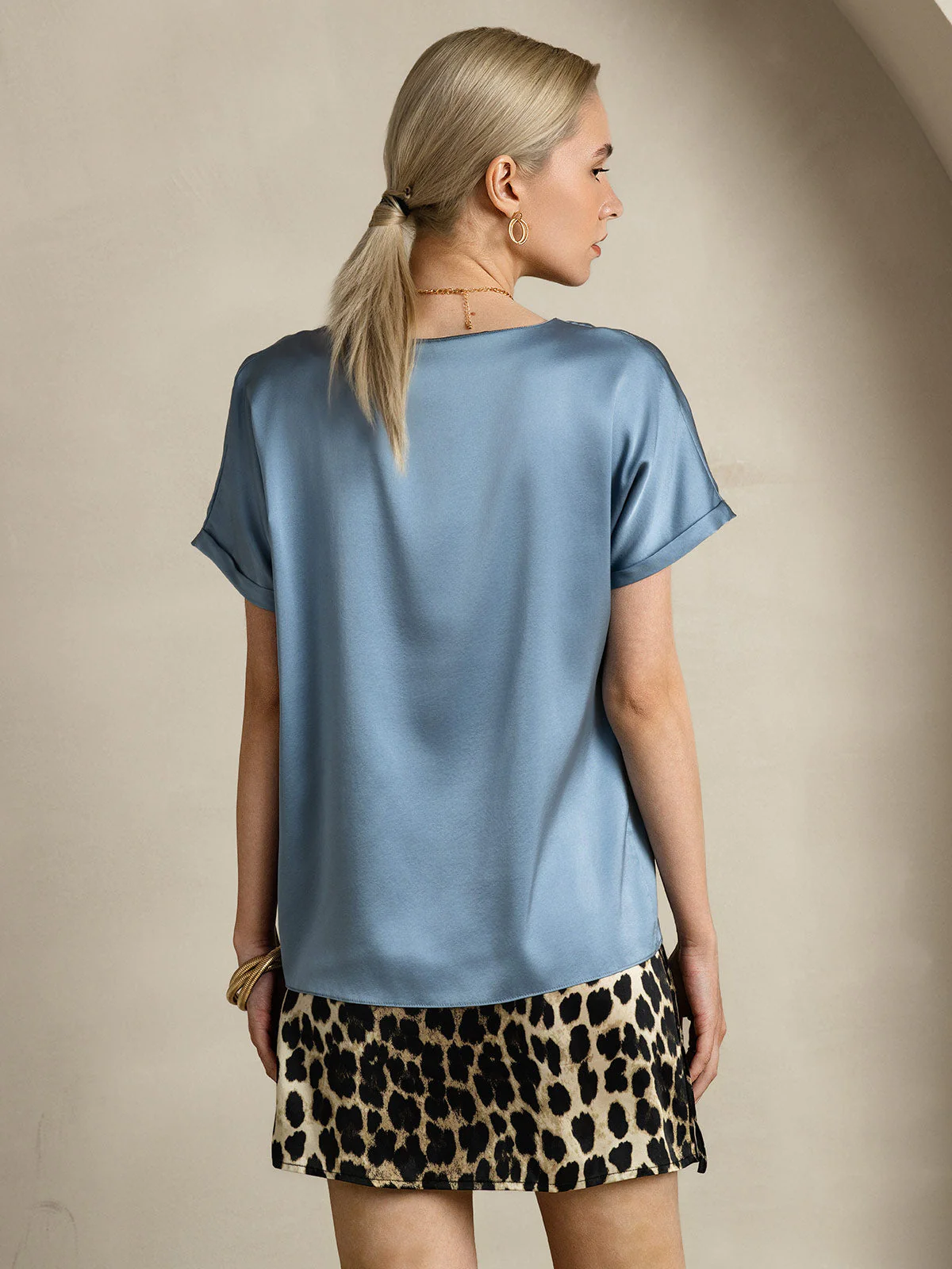 19Momme Silk Short Sleeve Boat Neck Women's T-Shirt - Image 37