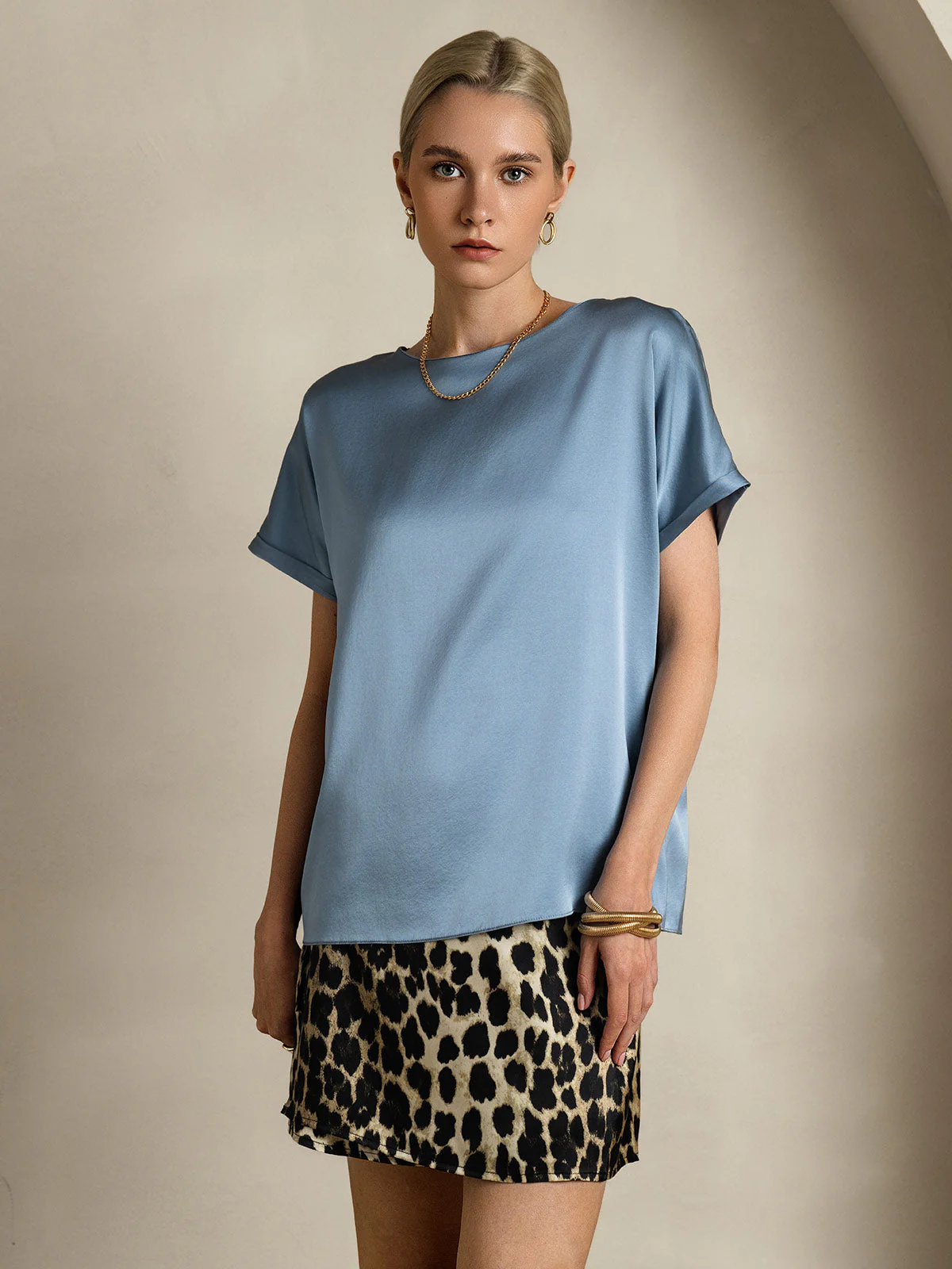 19Momme Silk Short Sleeve Boat Neck Women's T-Shirt - Image 38