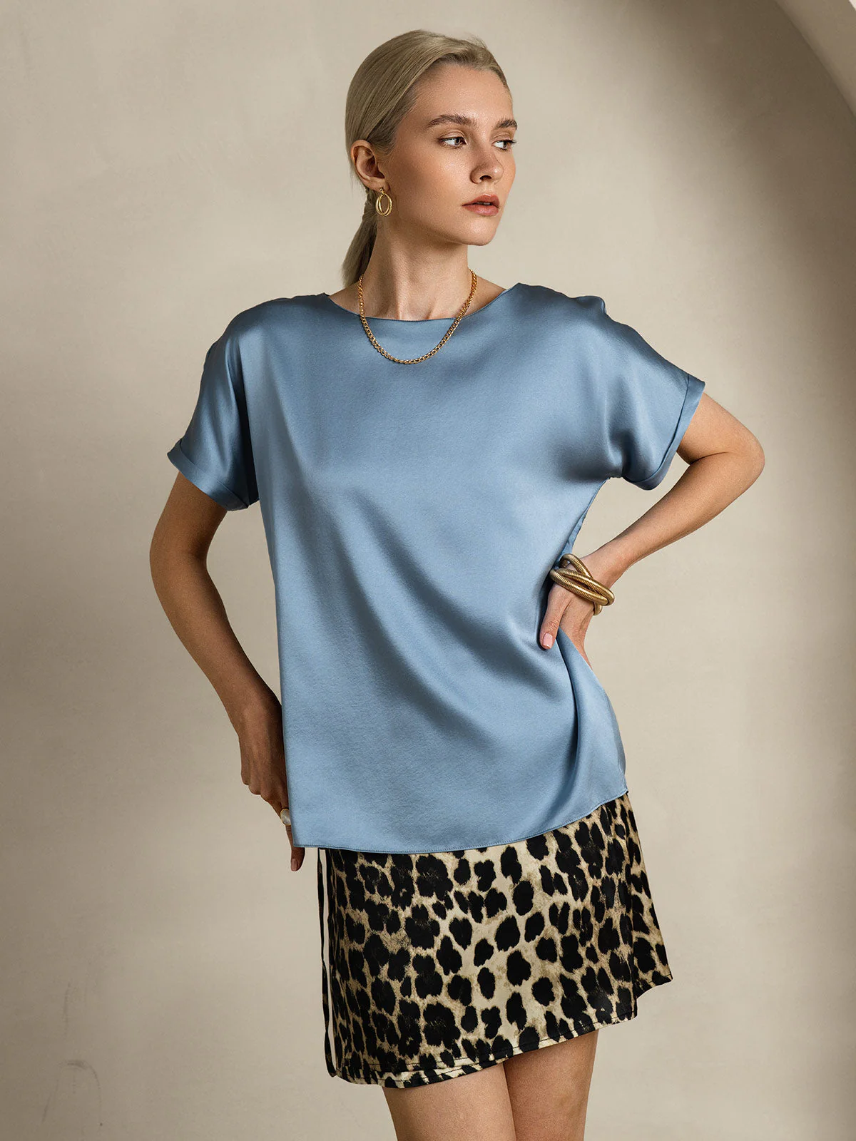 19Momme Silk Short Sleeve Boat Neck Women's T-Shirt - Image 39