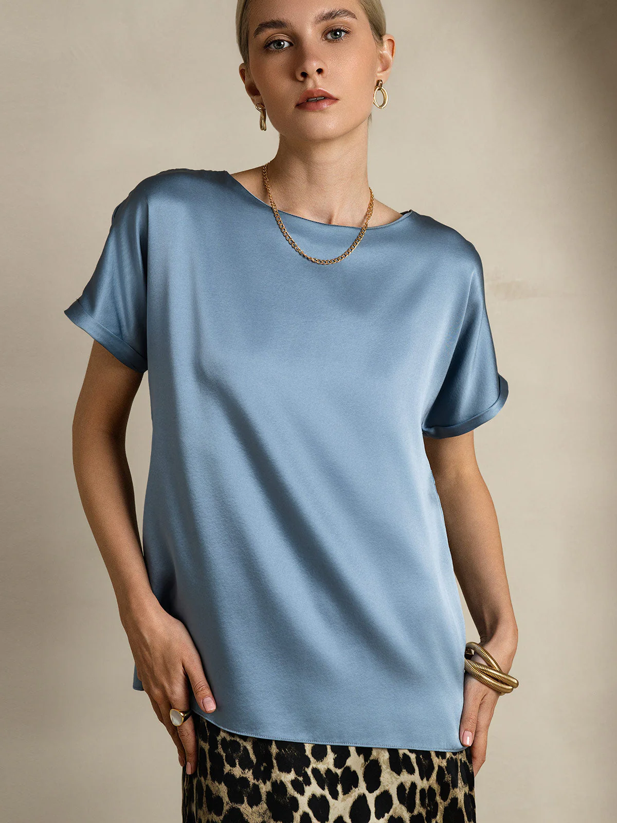 19Momme Silk Short Sleeve Boat Neck Women's T-Shirt - Image 40