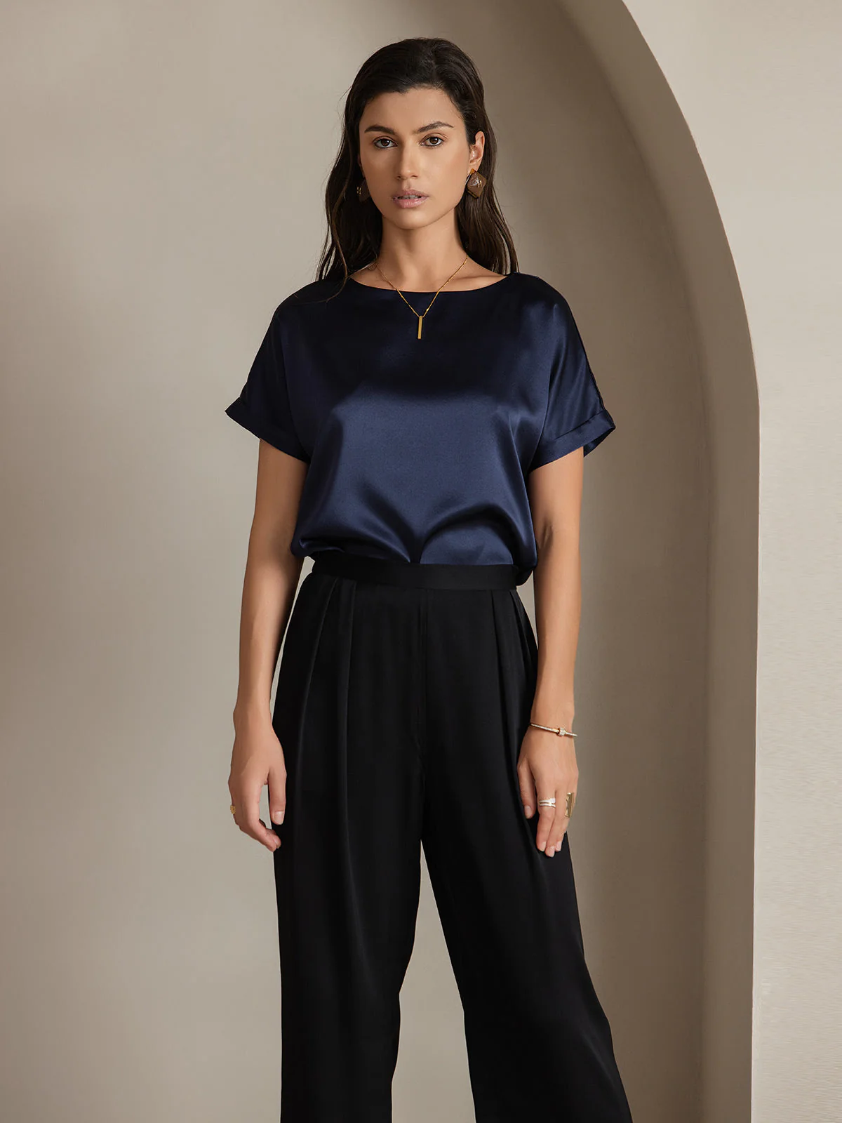 19Momme Silk Short Sleeve Boat Neck Women's T-Shirt - Image 44