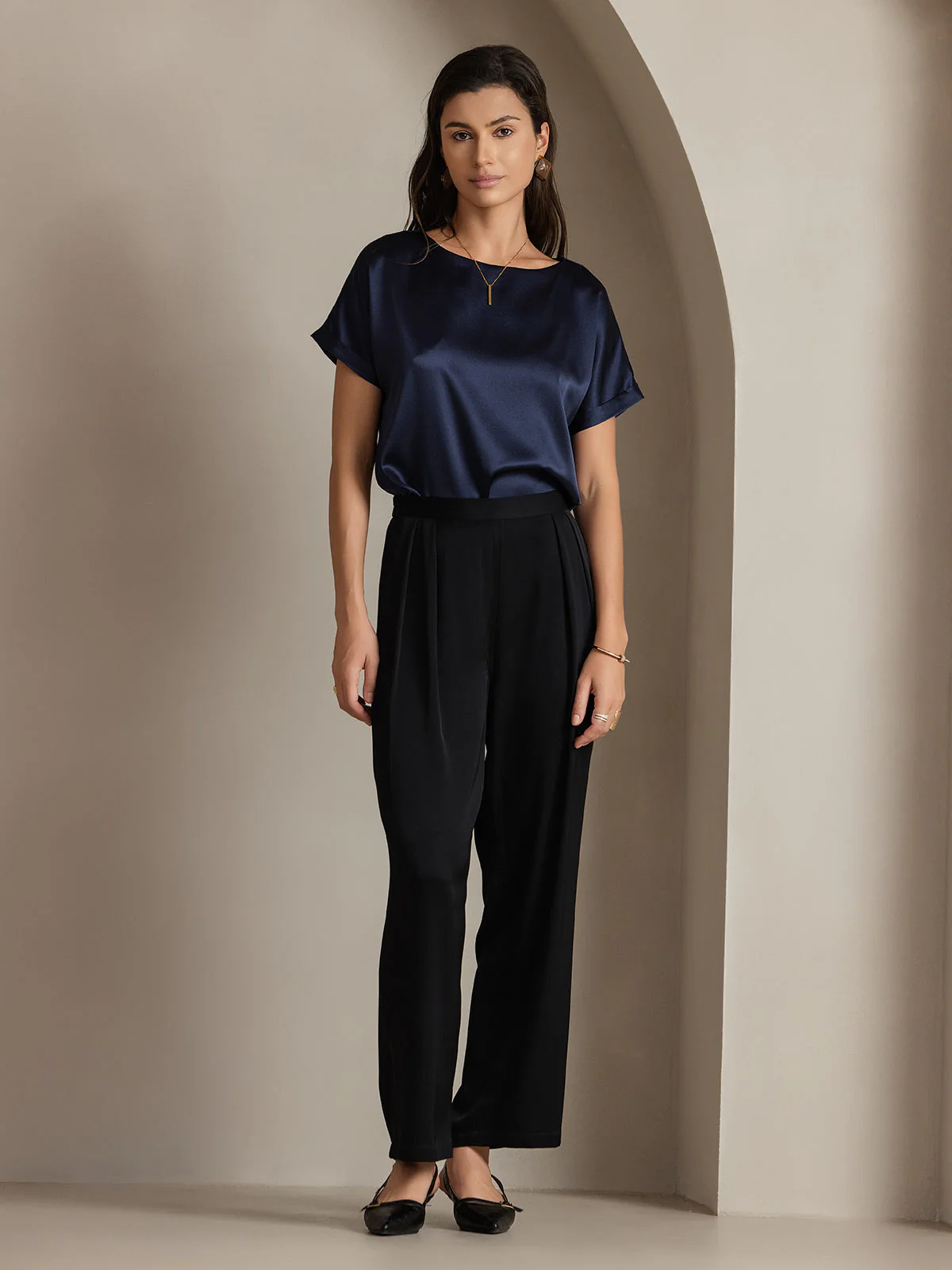 19Momme Silk Short Sleeve Boat Neck Women's T-Shirt - Image 48