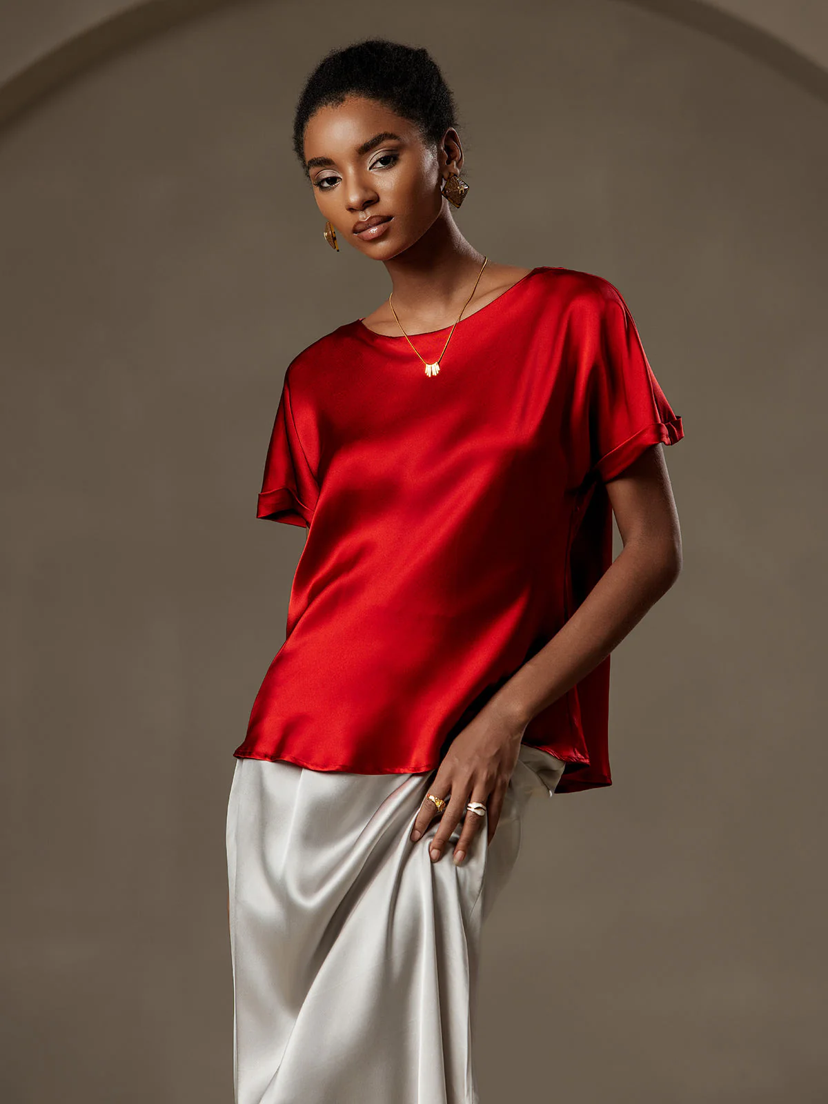 19Momme Silk Short Sleeve Boat Neck Women's T-Shirt - Image 49
