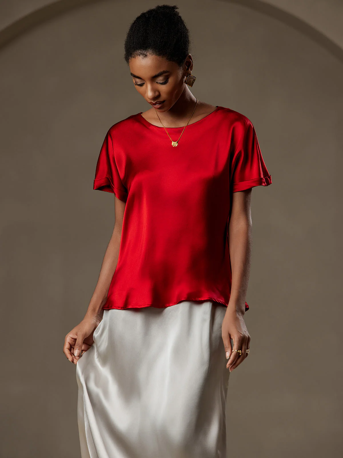 19Momme Silk Short Sleeve Boat Neck Women's T-Shirt - Image 52