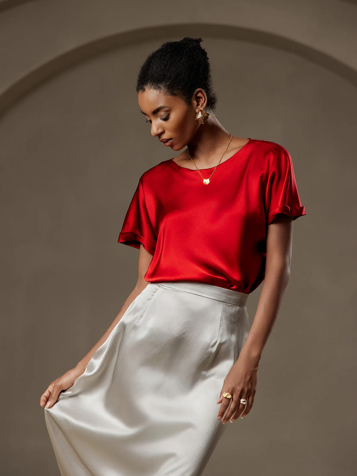 19Momme Silk Short Sleeve Boat Neck Women's T-Shirt - Image 53