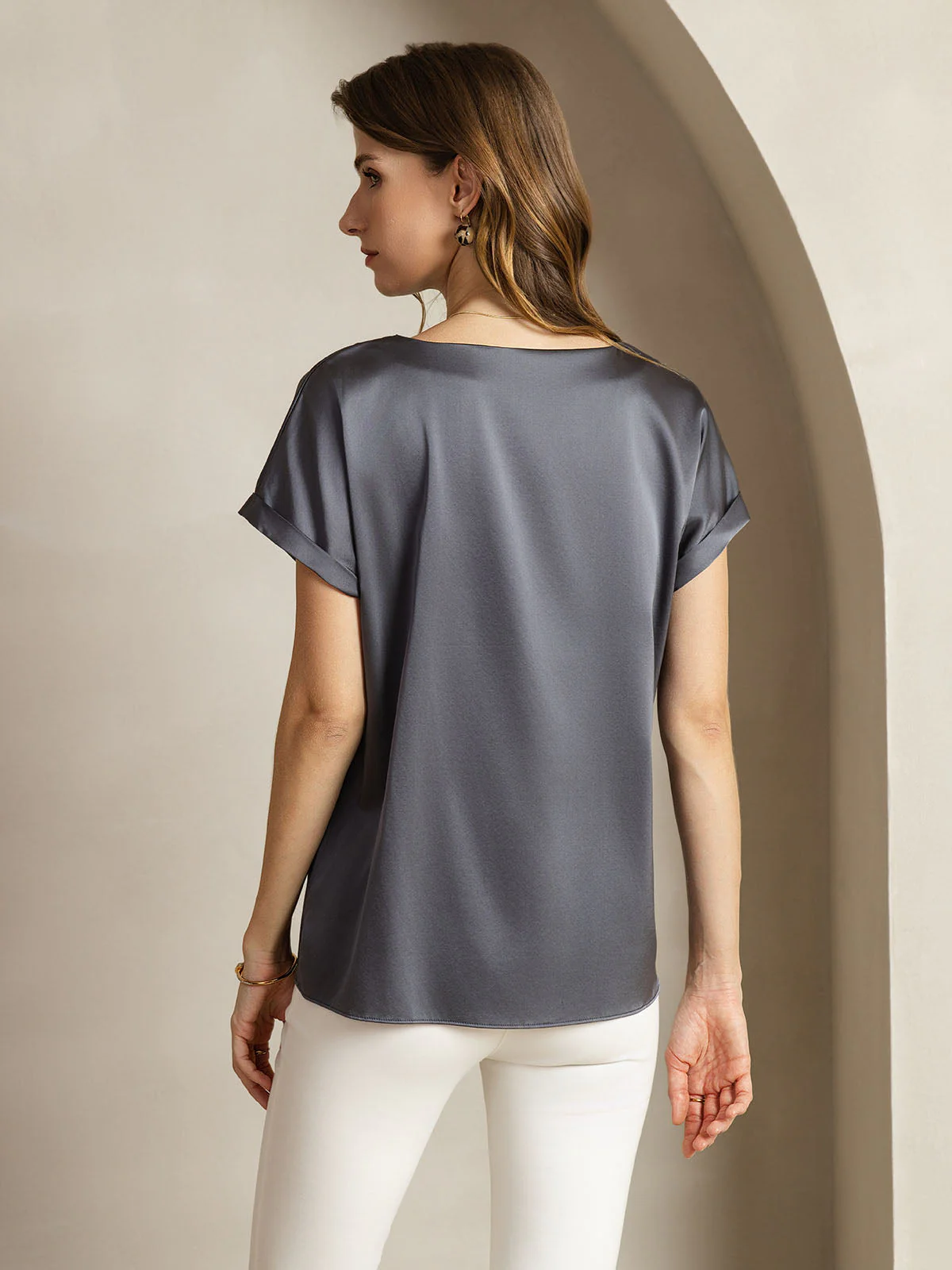 19Momme Silk Short Sleeve Boat Neck Women's T-Shirt - Image 57
