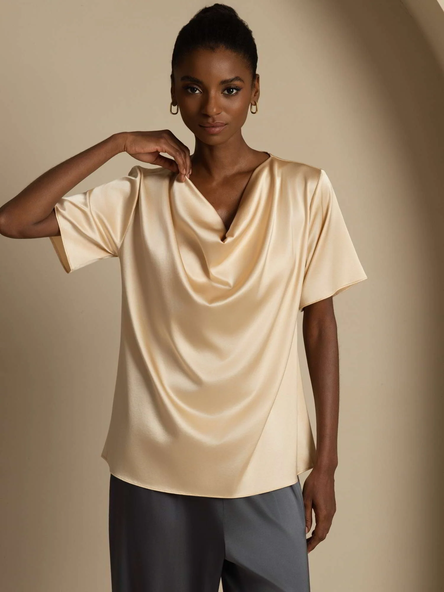 19Momme Women's Silk Short Sleeve Cowl Neck T-Shirt - Image 11