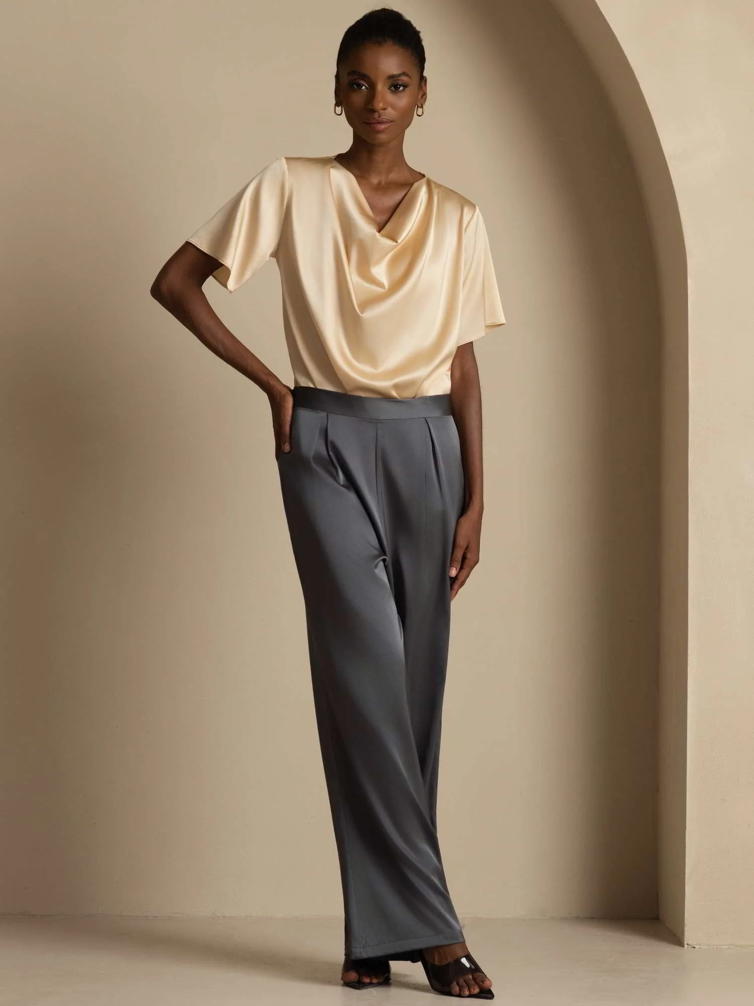 19Momme Women's Silk Short Sleeve Cowl Neck T-Shirt - Image 14