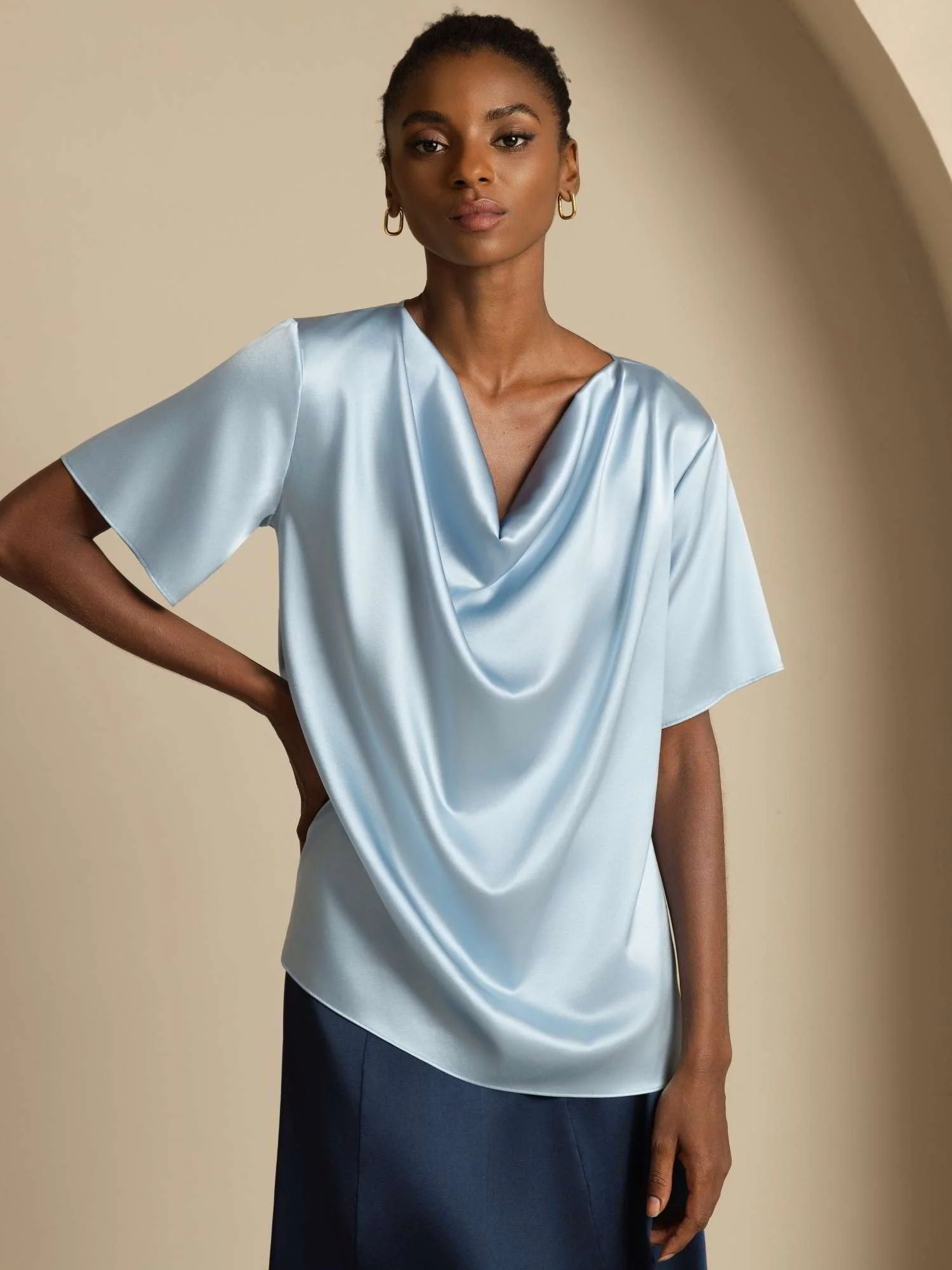 19Momme Women's Silk Short Sleeve Cowl Neck T-Shirt - Image 15