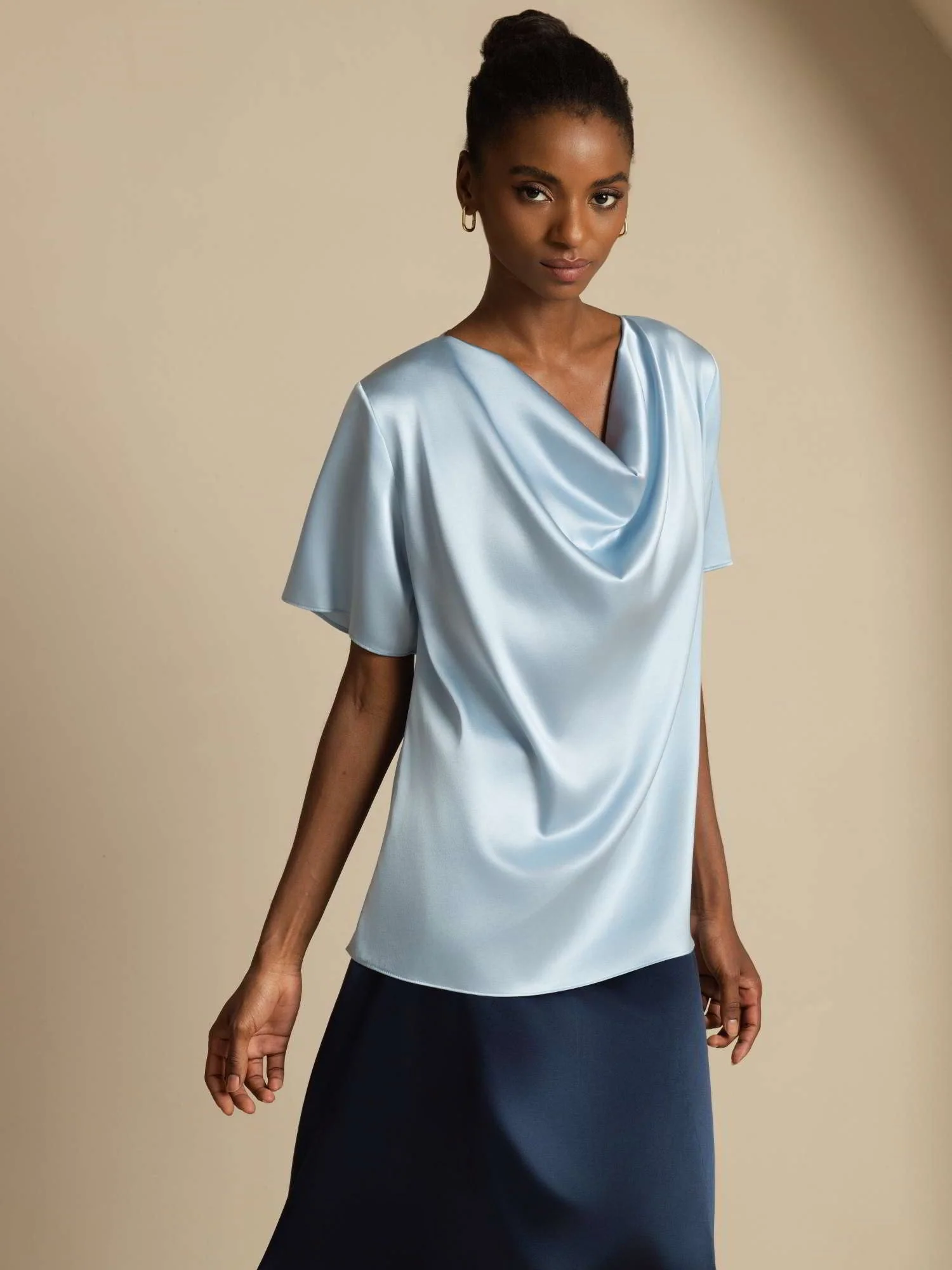 19Momme Women's Silk Short Sleeve Cowl Neck T-Shirt - Image 19