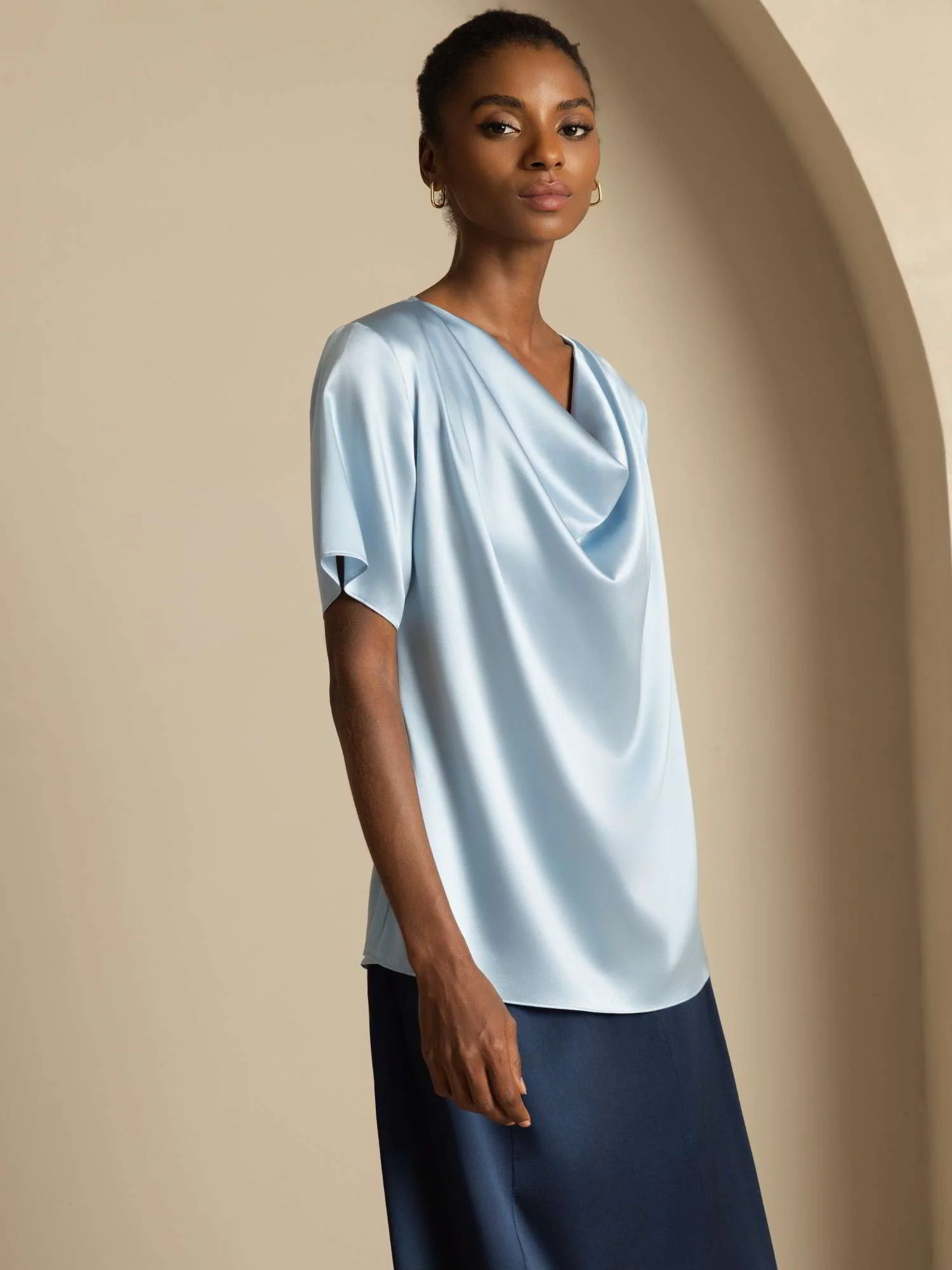 19Momme Women's Silk Short Sleeve Cowl Neck T-Shirt - Image 20