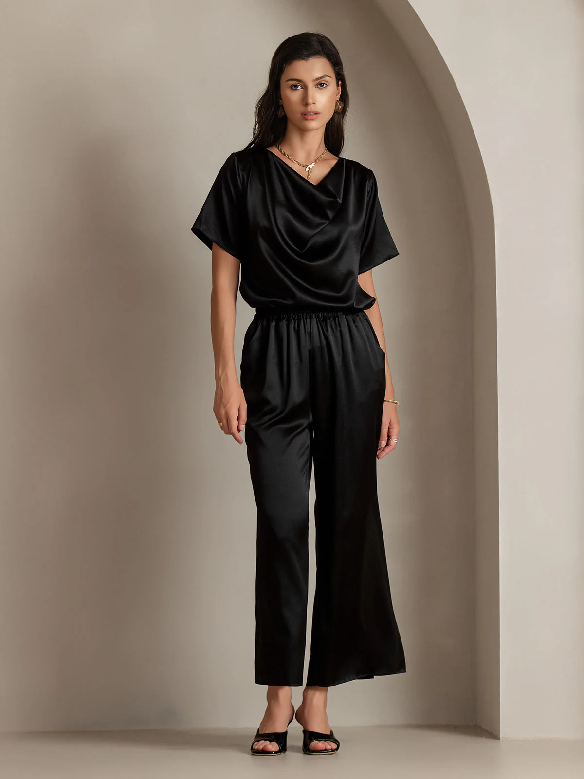 19Momme Women's Silk Short Sleeve Cowl Neck T-Shirt - Image 27