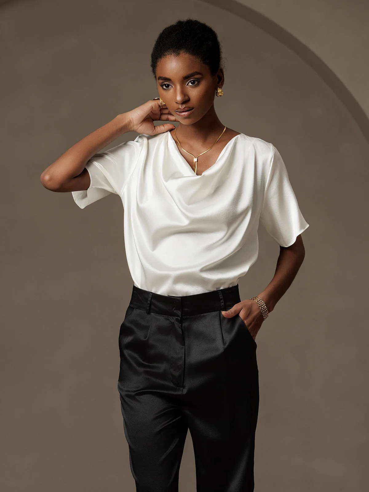19Momme Women's Silk Short Sleeve Cowl Neck T-Shirt - Image 5