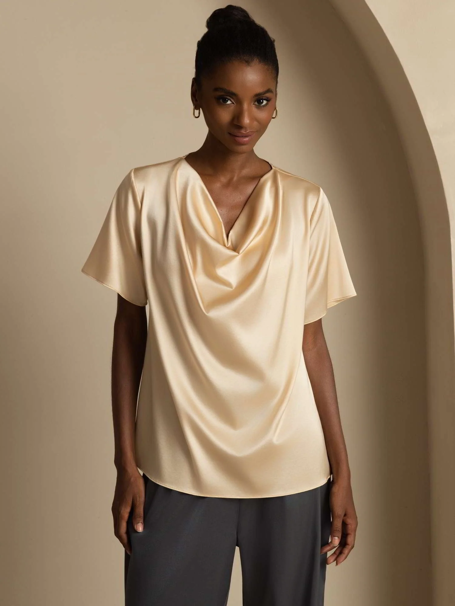 19Momme Women's Silk Short Sleeve Cowl Neck T-Shirt - Image 7