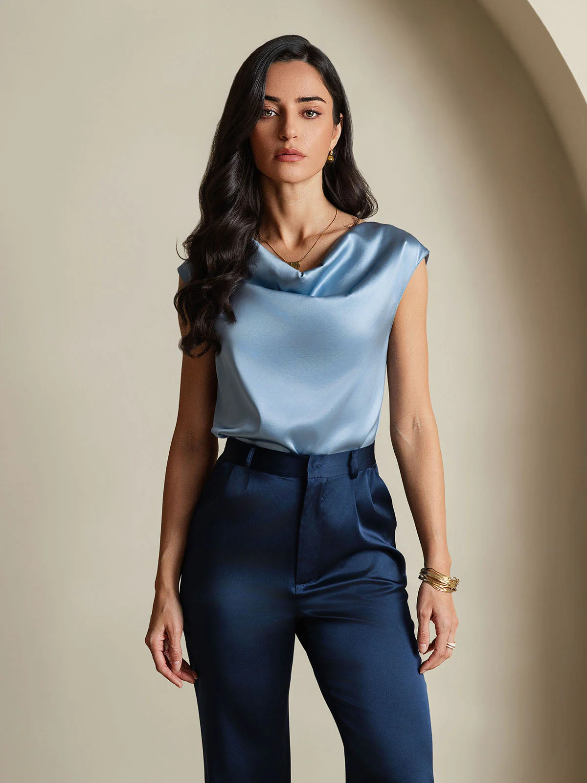 19Momme Silk Cap Sleeve Cowl Neck Women's Top - Image 11