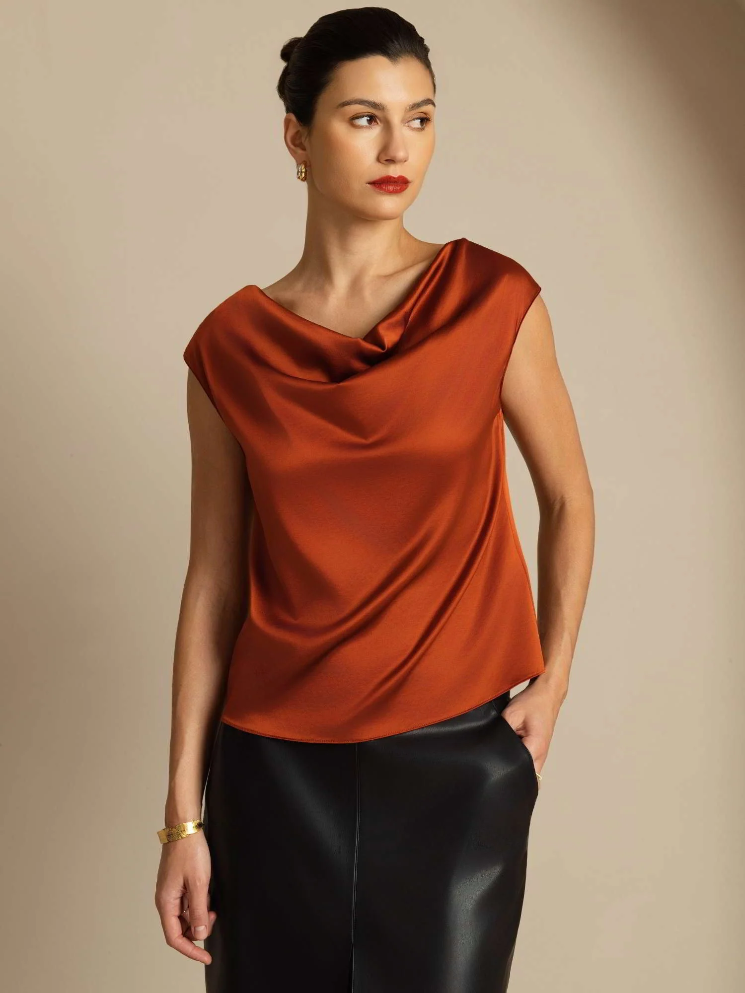 19Momme Silk Cap Sleeve Cowl Neck Women's Top - Image 21
