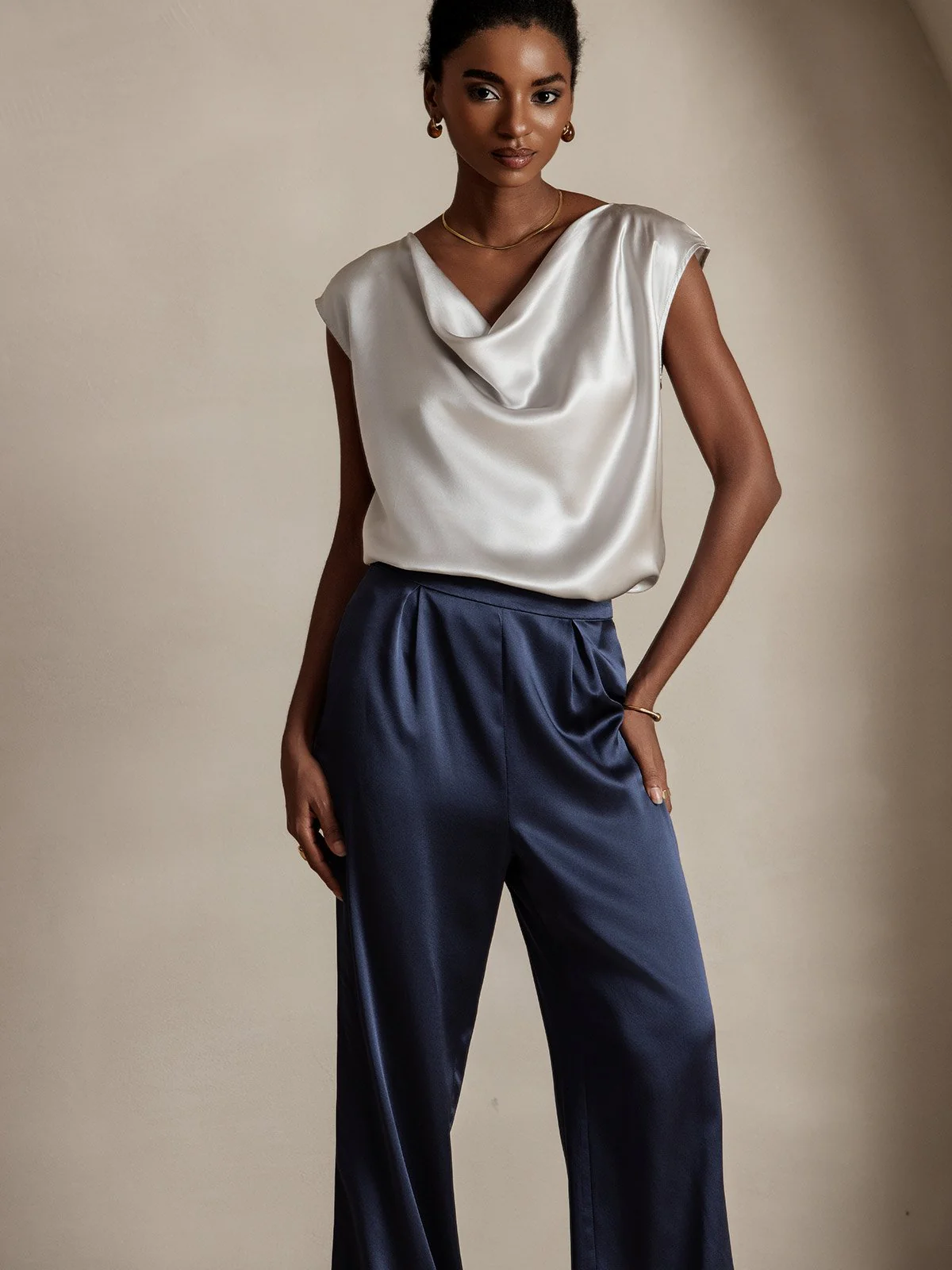 19Momme Silk Cap Sleeve Cowl Neck Women's Top - Image 3