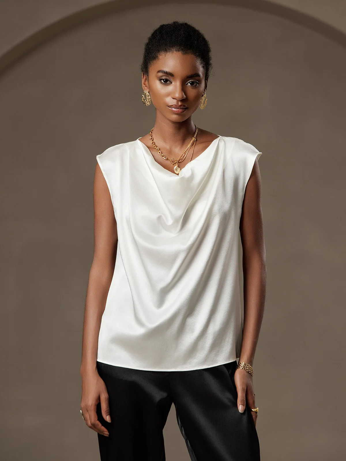 19Momme Silk Cap Sleeve Cowl Neck Women's Top - Image 33