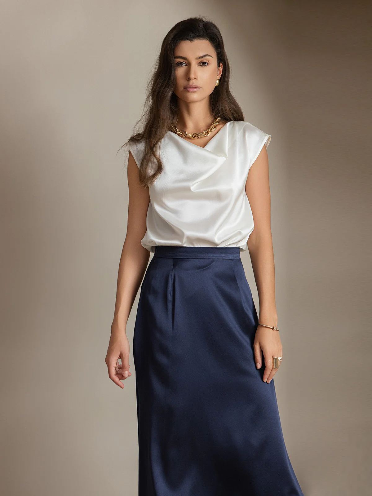 19Momme Silk Cap Sleeve Cowl Neck Women's Top - Image 40