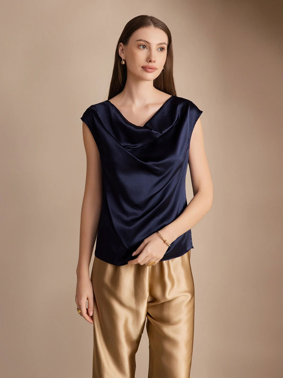 19Momme Silk Cap Sleeve Cowl Neck Women's Top - Image 41