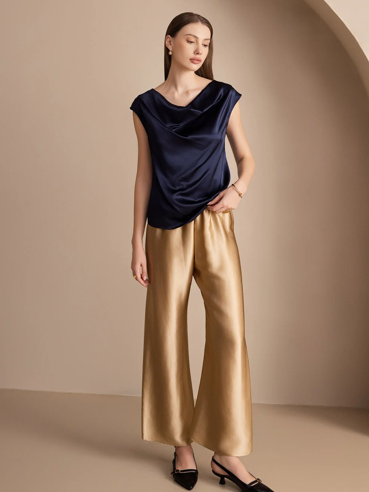19Momme Silk Cap Sleeve Cowl Neck Women's Top - Image 44