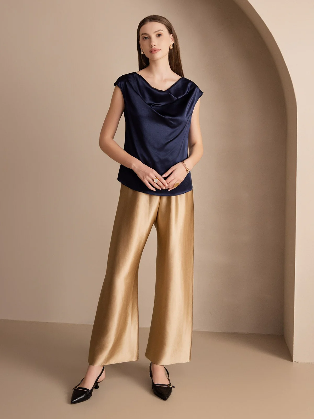 19Momme Silk Cap Sleeve Cowl Neck Women's Top - Image 45