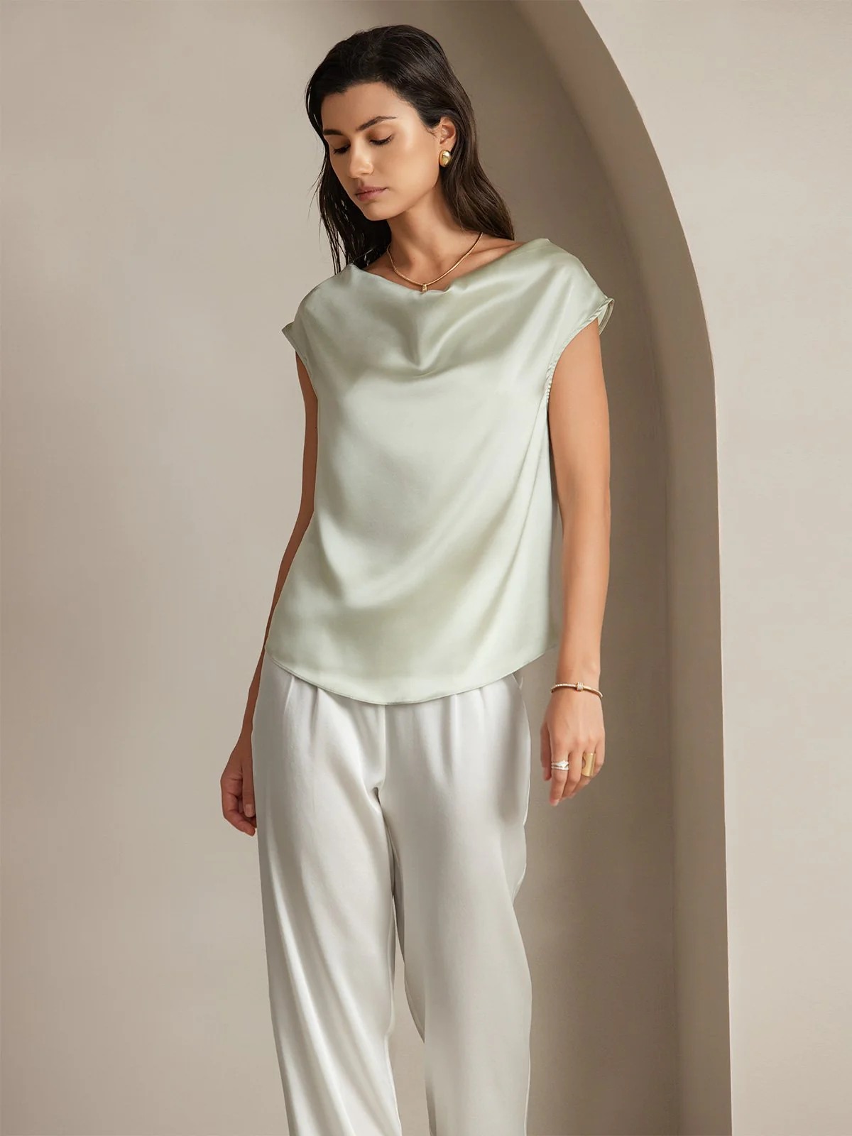 19Momme Silk Cap Sleeve Cowl Neck Women's Top - Image 49
