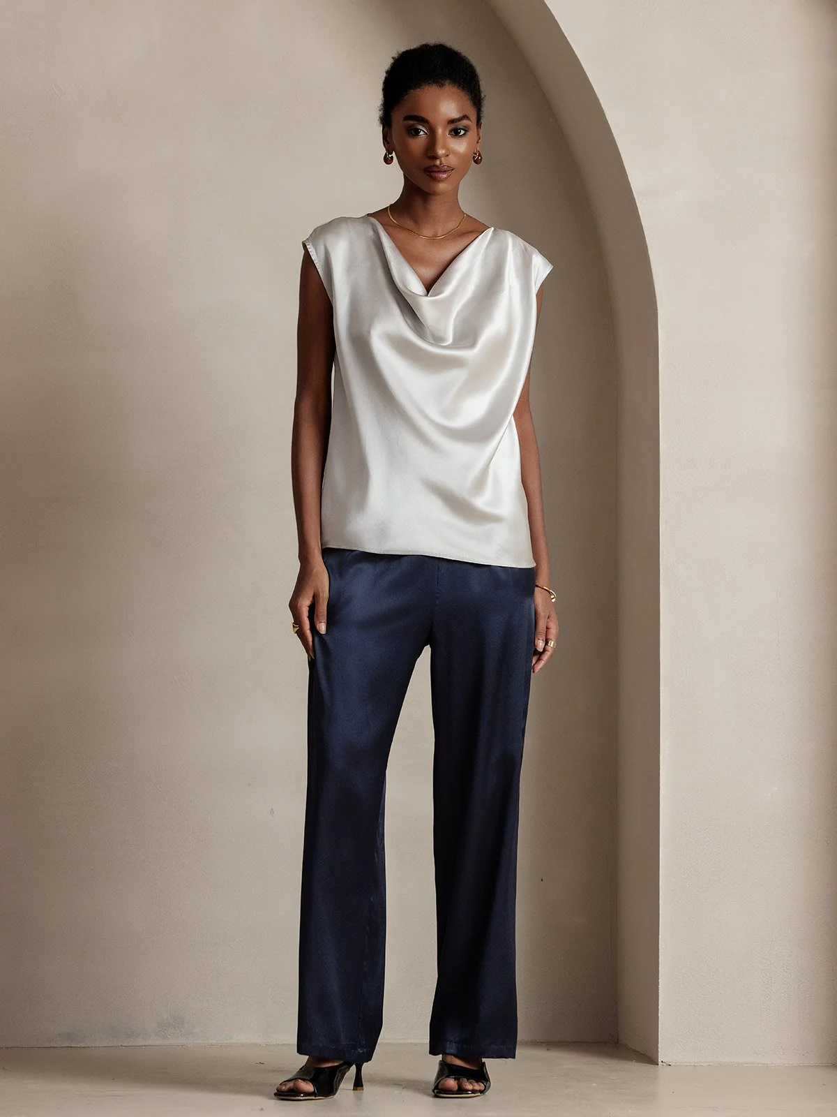 19Momme Silk Cap Sleeve Cowl Neck Women's Top - Image 5